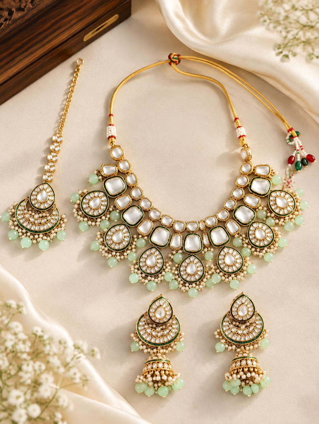 Stylish Mint Green Kundan Necklace Set for Partywear & Wedding