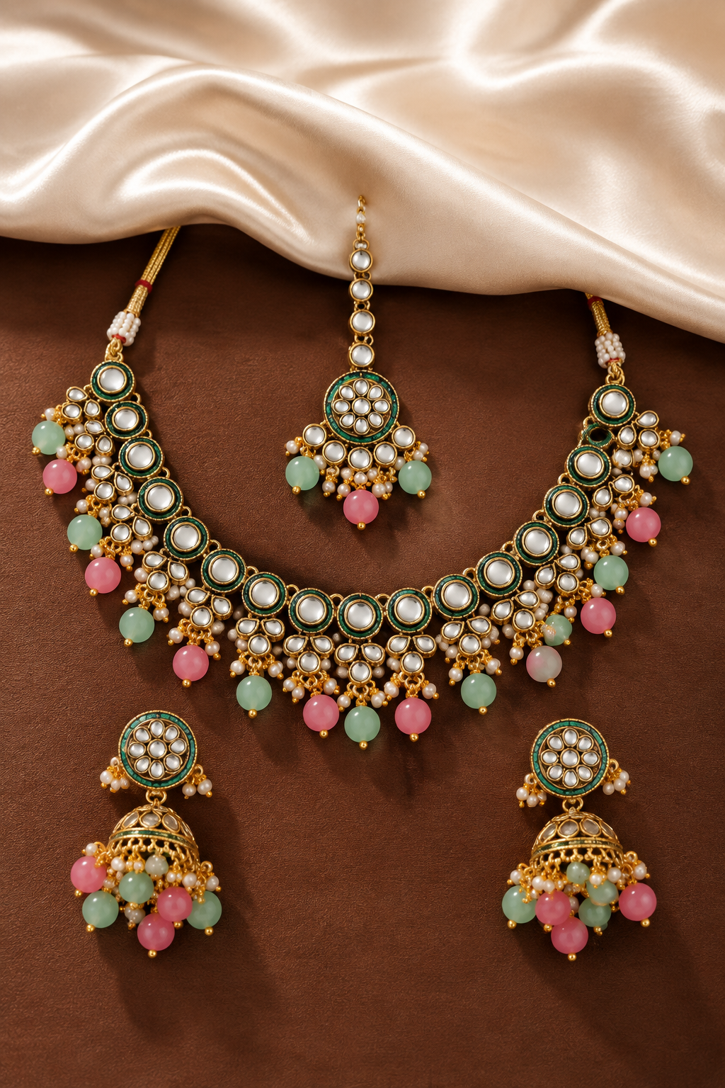 Gold-Plated Kundan Crystal Pearl Necklace Set for Wedding