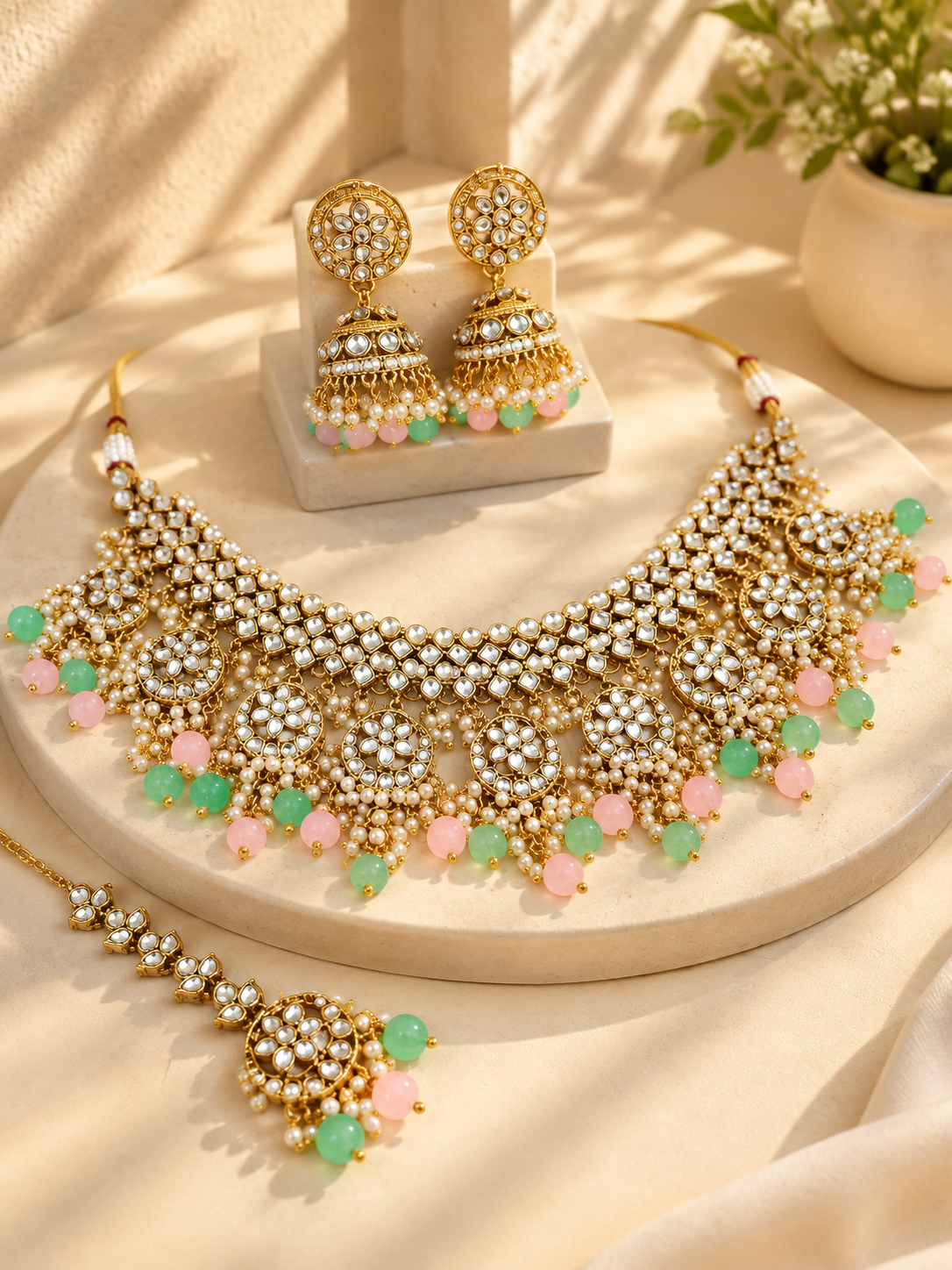 Pink-Mint Green Pastel Drops Kundan Choker Necklace Earrings Tikka Set for Women