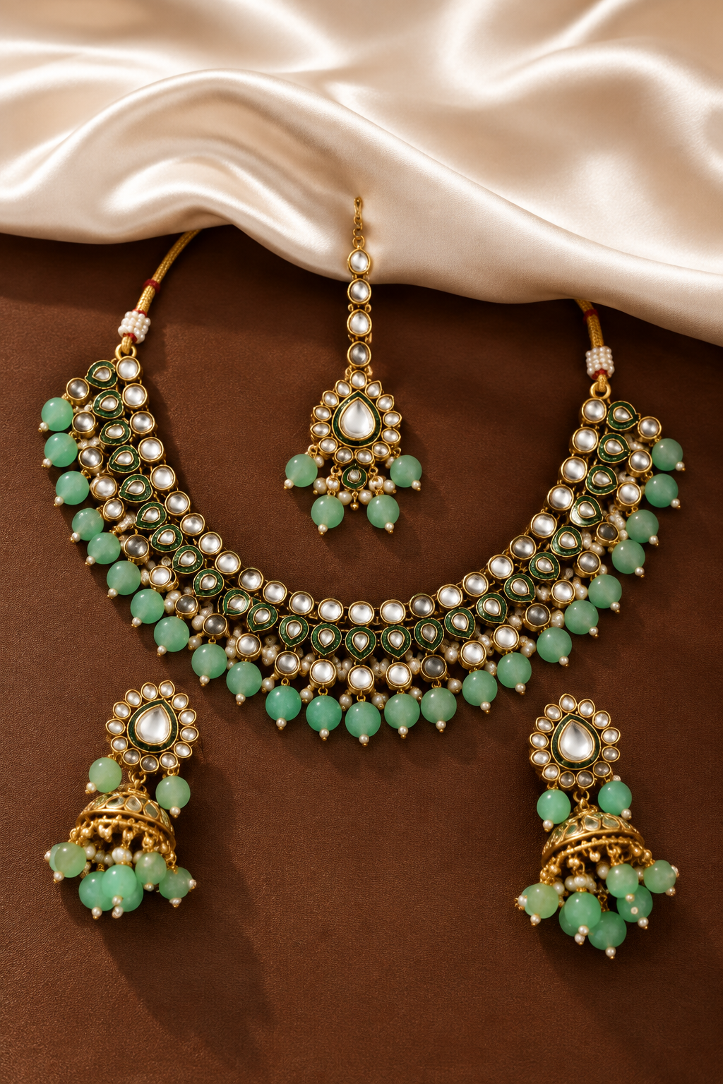 Kundan Delight Sea Green Gold-Plated Pearl & Crystal Choker Bridal