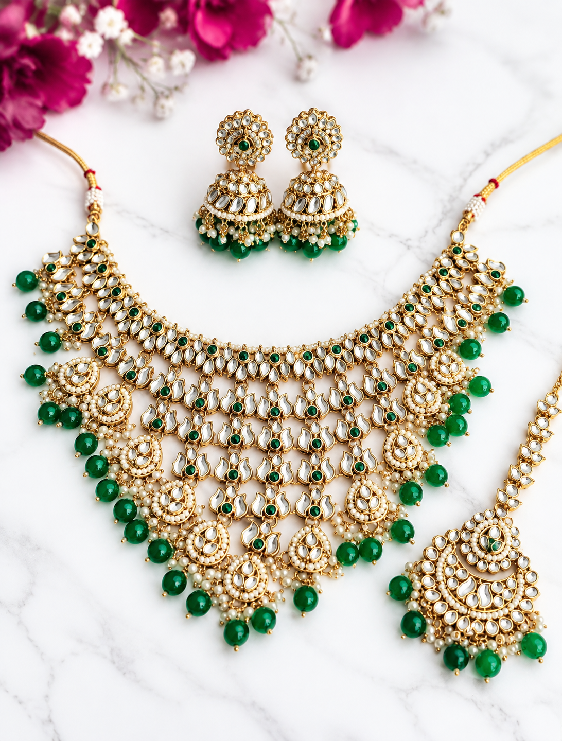 Green Pearls Party Wear Kundan Wedding Jewellery Set | Necklace Set for Women