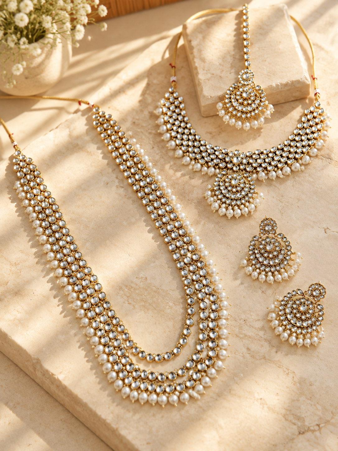 Golden Elegance: Traditional White Kundan Jewellery Set for Bridal Charm