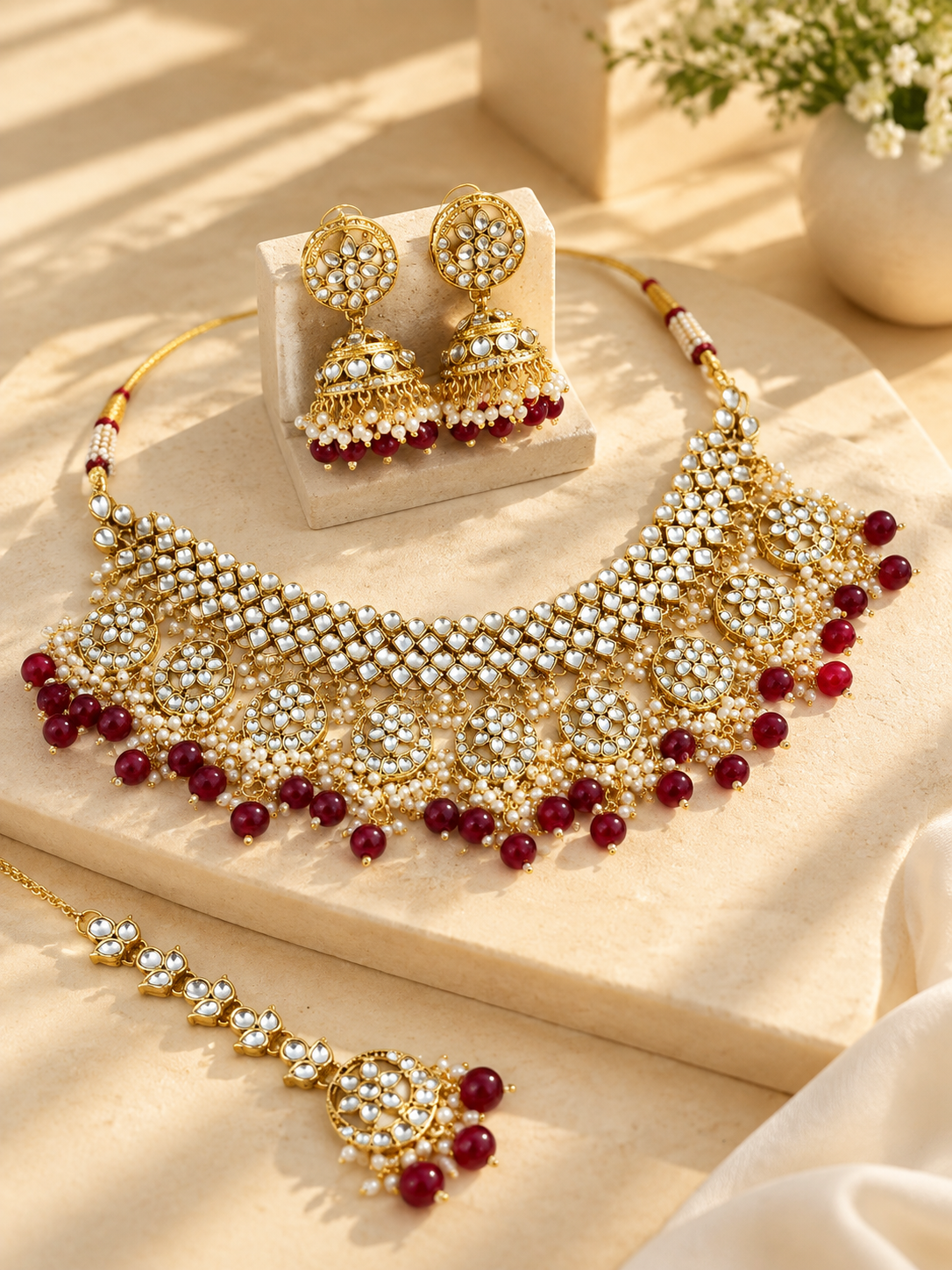 Gold Plated Maroon Drops Kundan Jewellery Set for Women & Girls