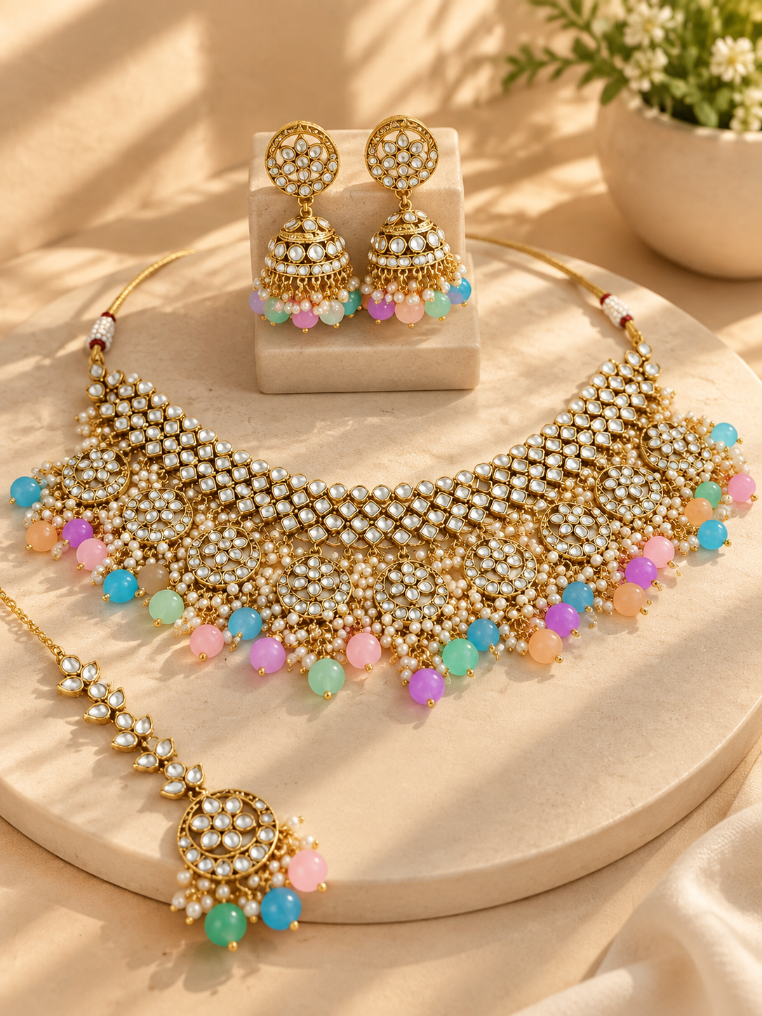 Gold-Plated Kundan Studded Choker Necklace Jewellery Set for Saree,Lehenga