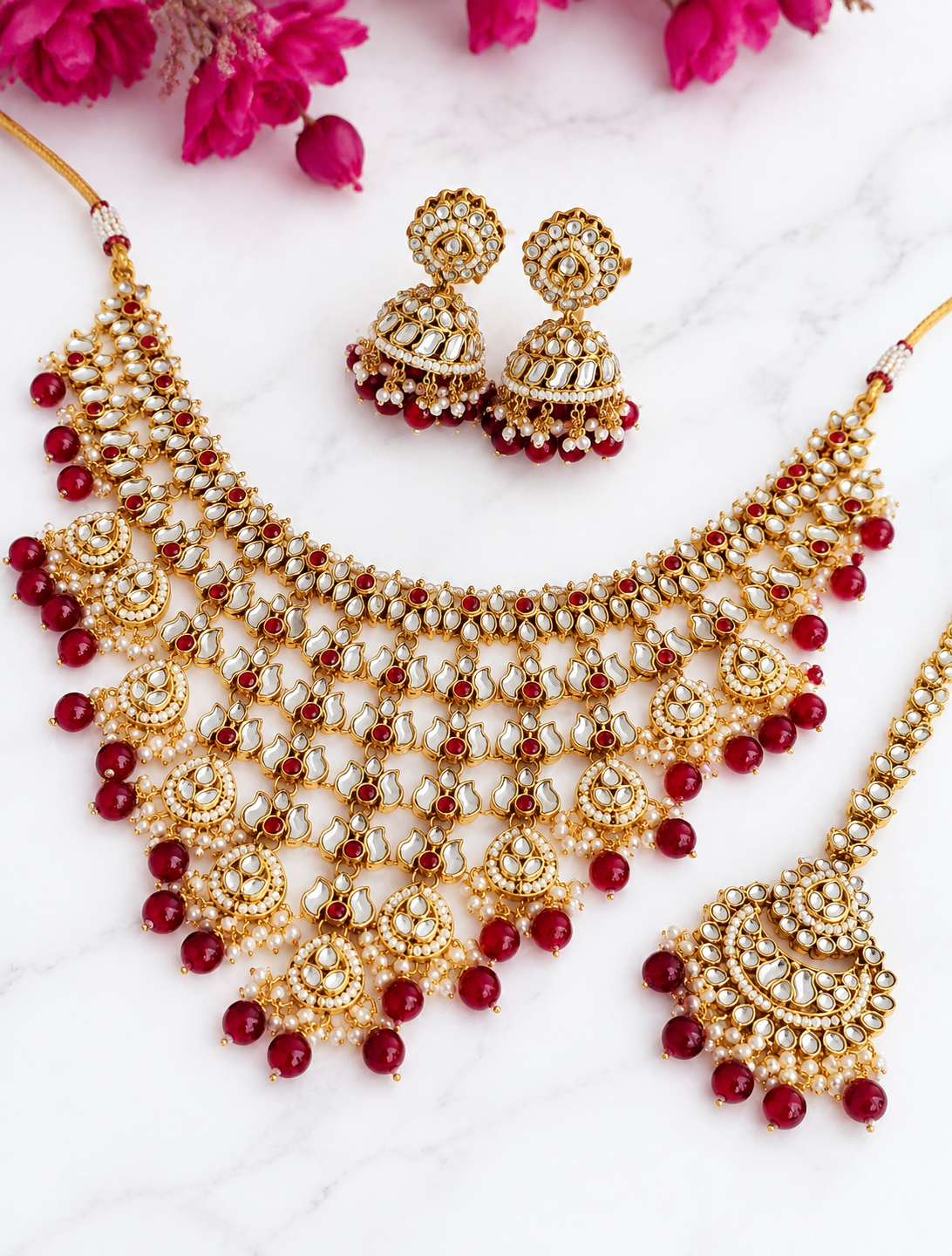 Gold-plated Maroon Pearls Party Wear Kundan Jewellery Set for Women