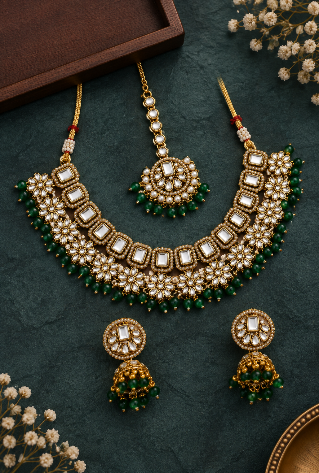 Maroon & Green Kundan Studded Pearl Choker Necklace Set for Women