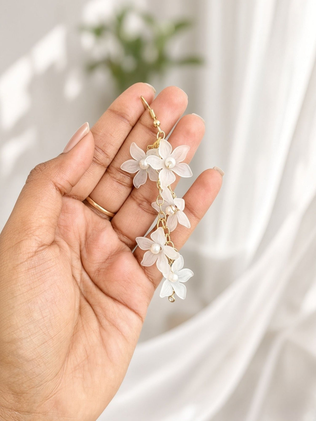 White acrylic floral statement earrings for women, handmade