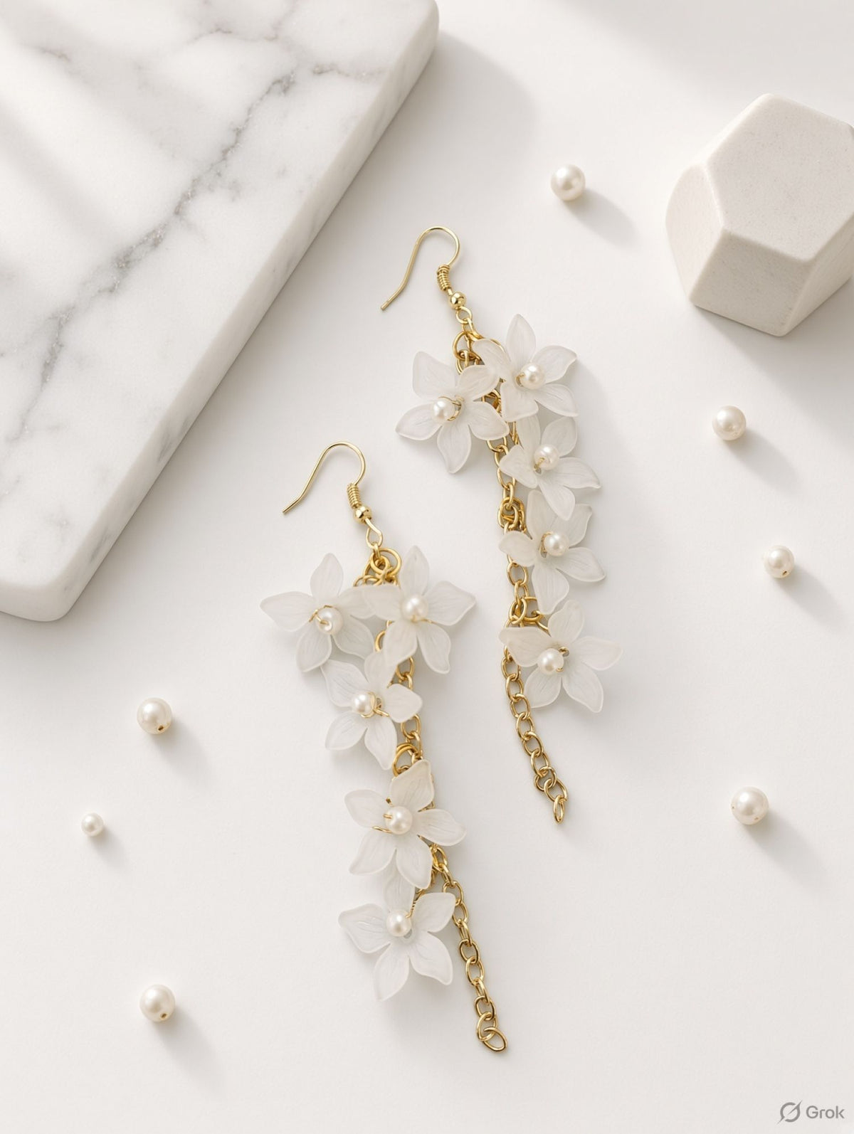 White acrylic floral statement earrings for women, handmade