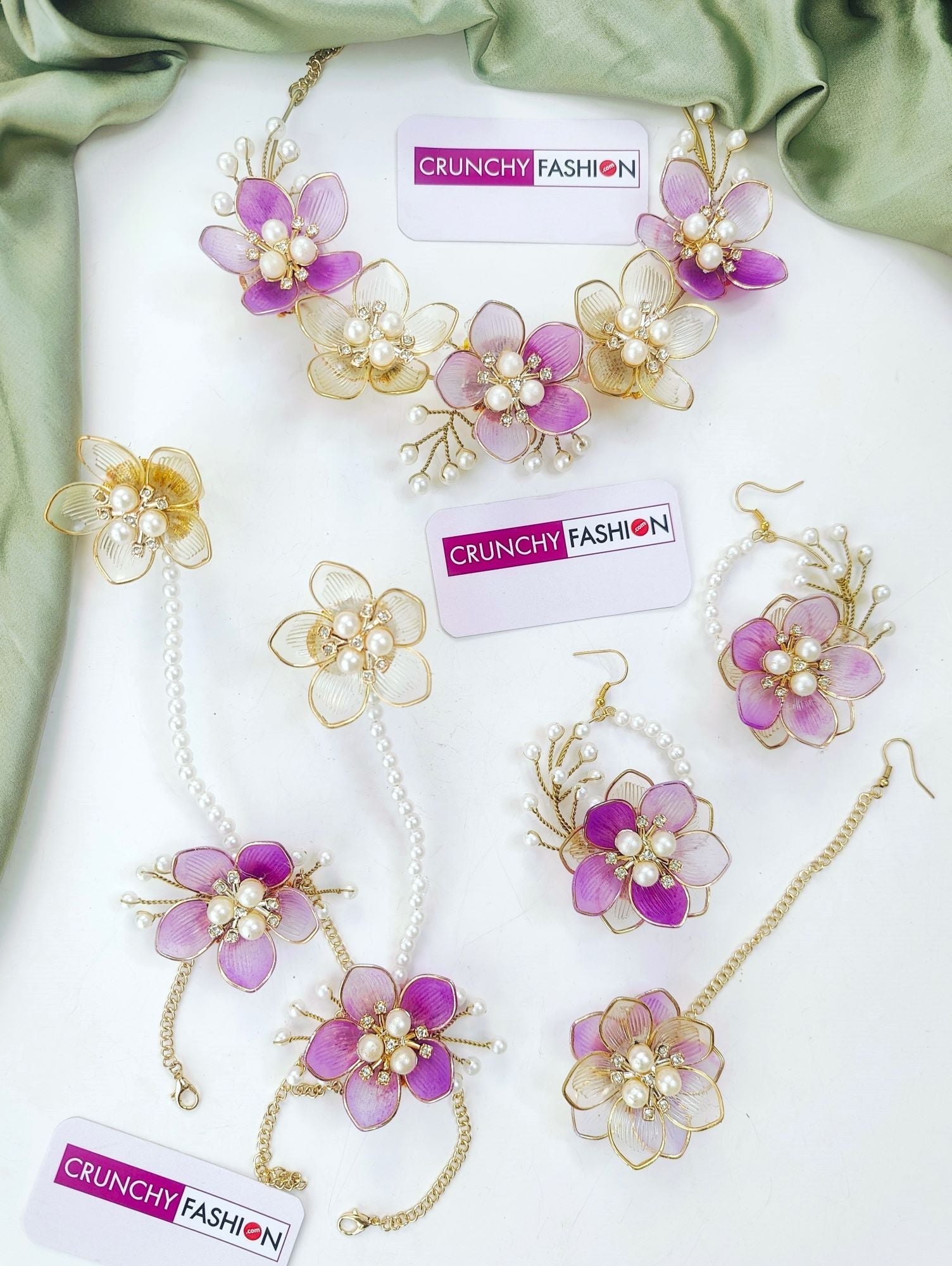 Handmade lavender floral acrylic jewellery set designed for haldi function, ideal for brides