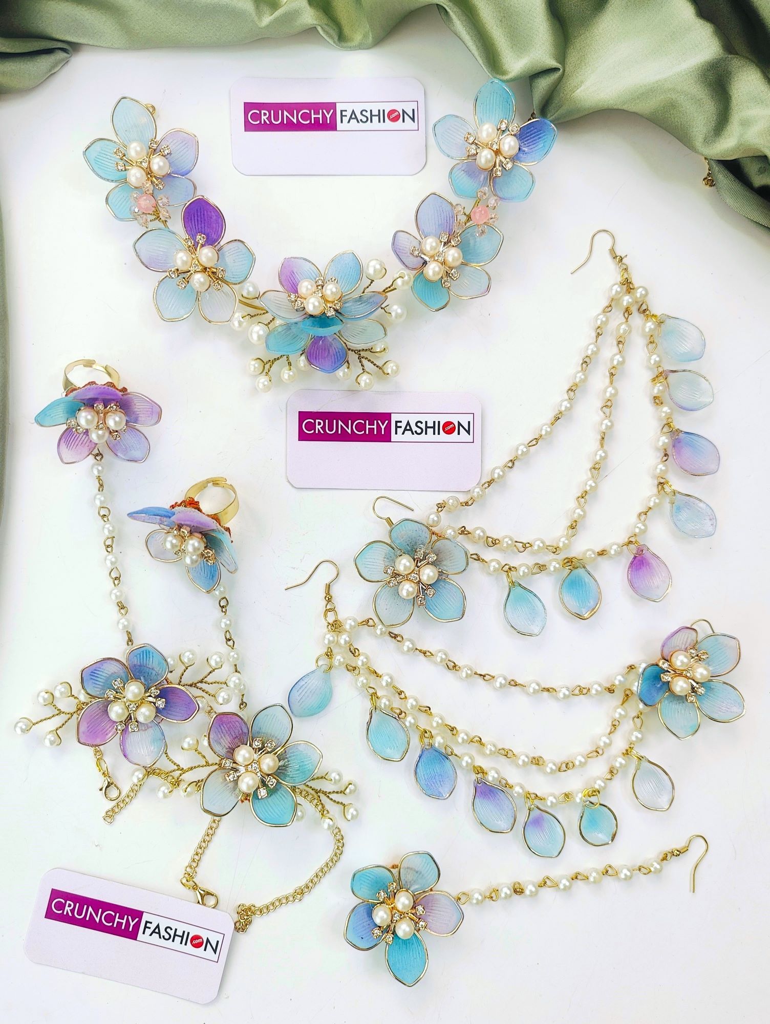 Powder blue floral resin jewellery set, handmade for brides, perfect for haldi or mehandi ceremonies