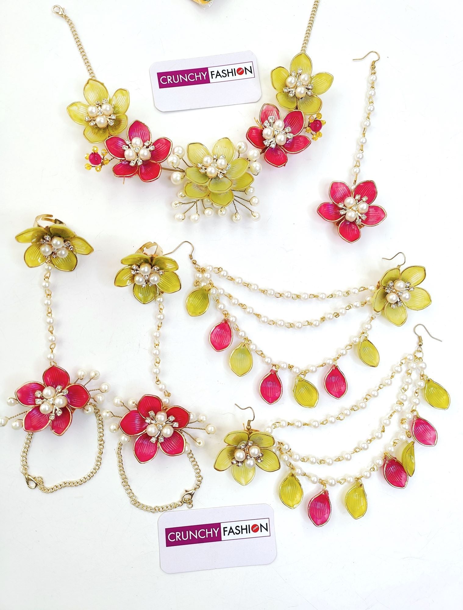 Handmade pink-green floral bridal jewellery set for haldi-mehndi, designed with acrylic and gold plating