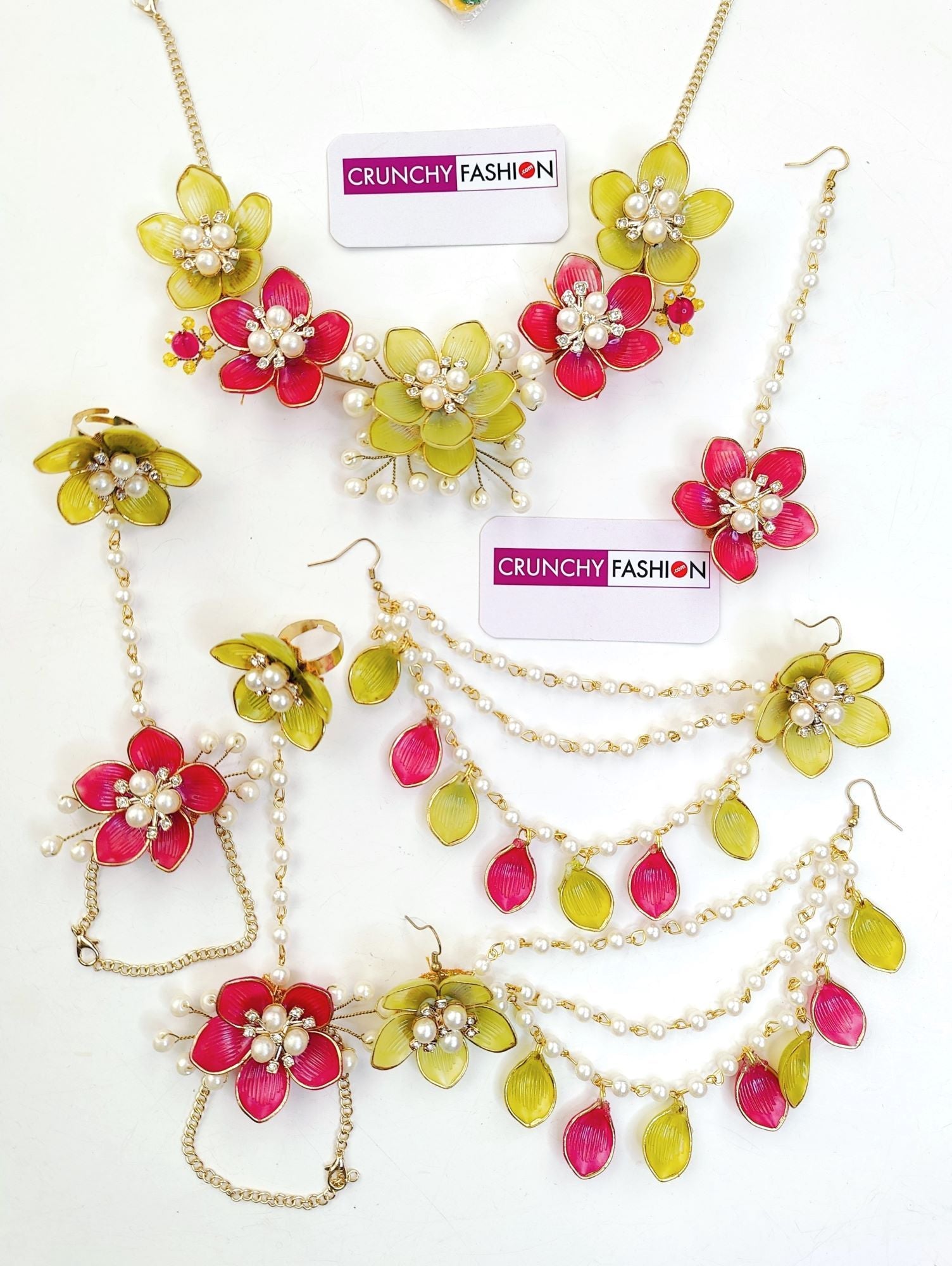 Handmade pink-green floral bridal jewellery set for haldi-mehndi, designed with acrylic and gold plating