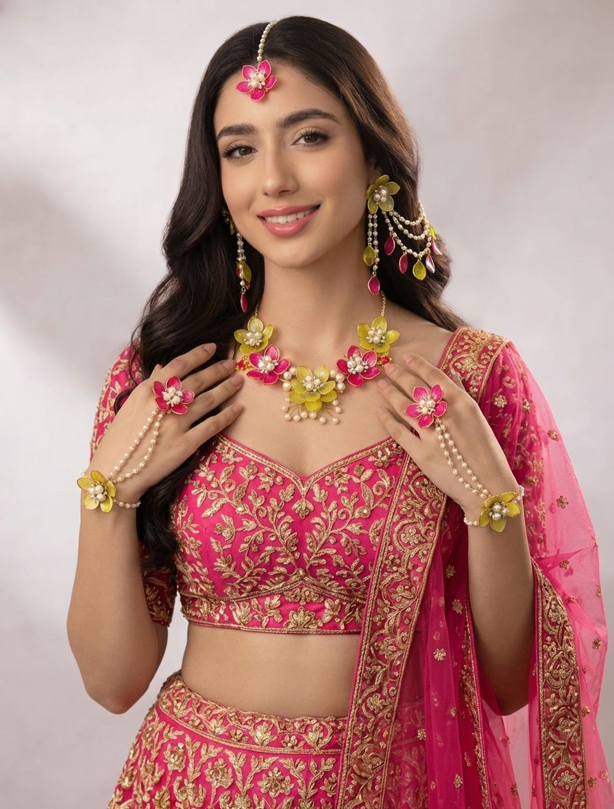 Pink-Green Flowers Acrylic Jewelry for Haldi-Mehndi