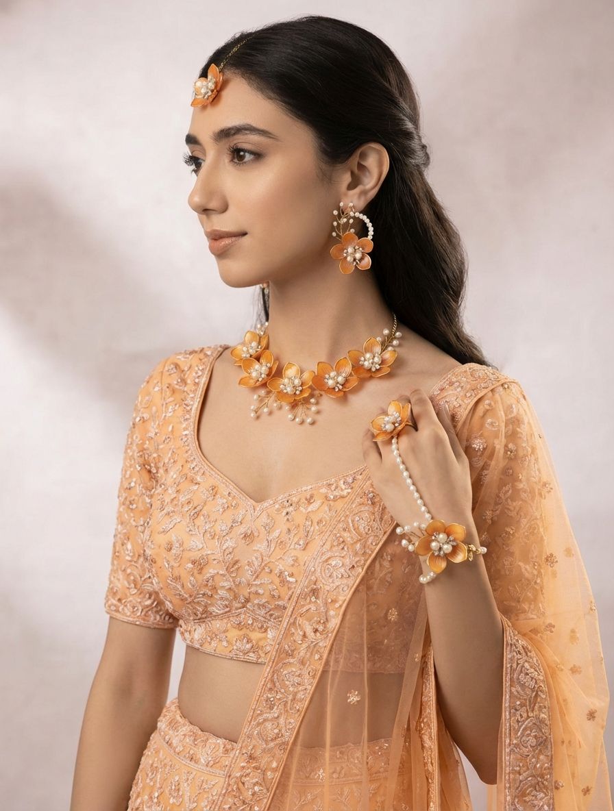 Rusted Orange Floral Acrylic Jewelry Set for Haldi Mehndi