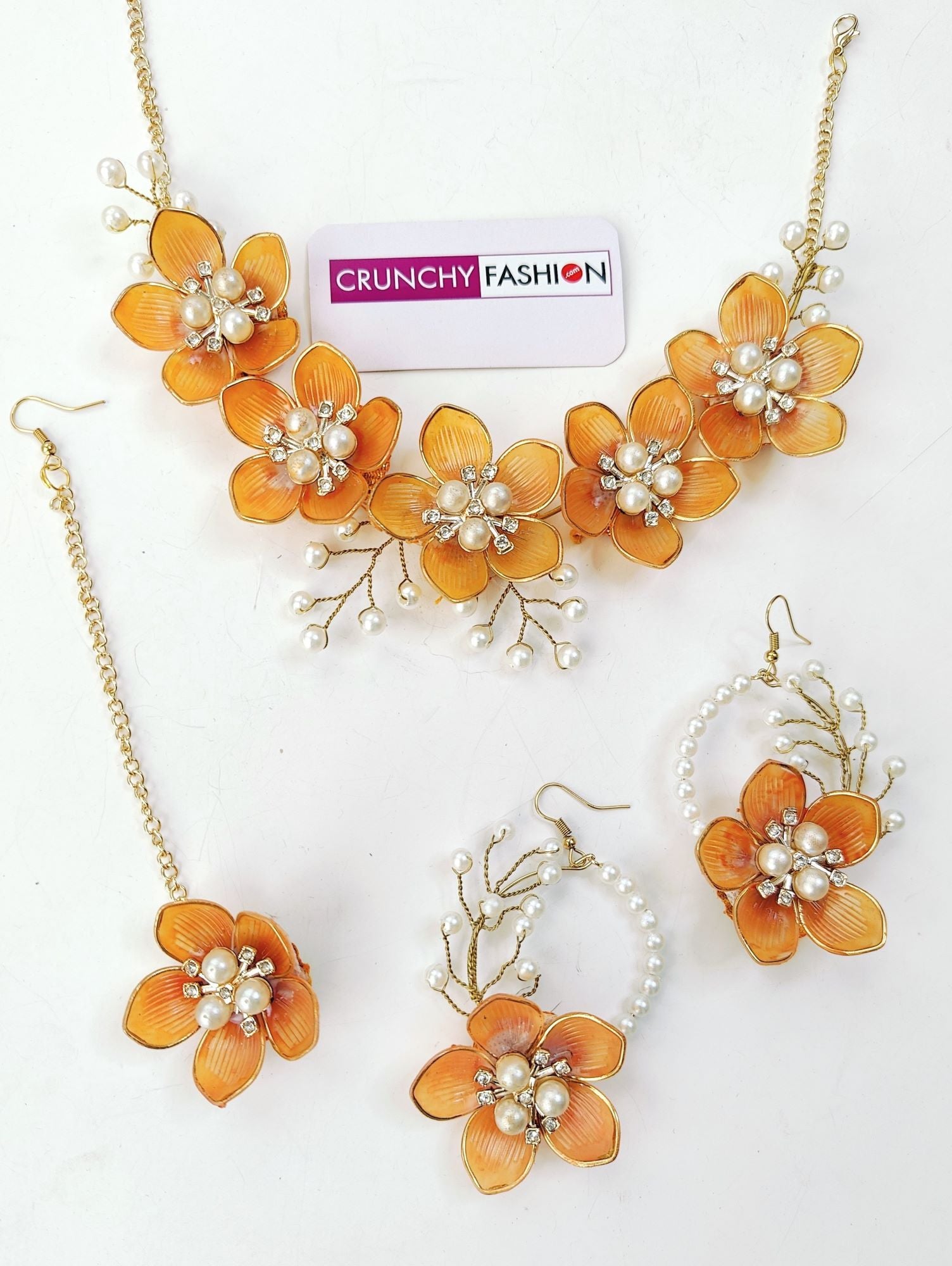 Handmade rusted orange floral Acrylic jewellery set with gold plating, ideal for haldi-mehndi occasions for brides