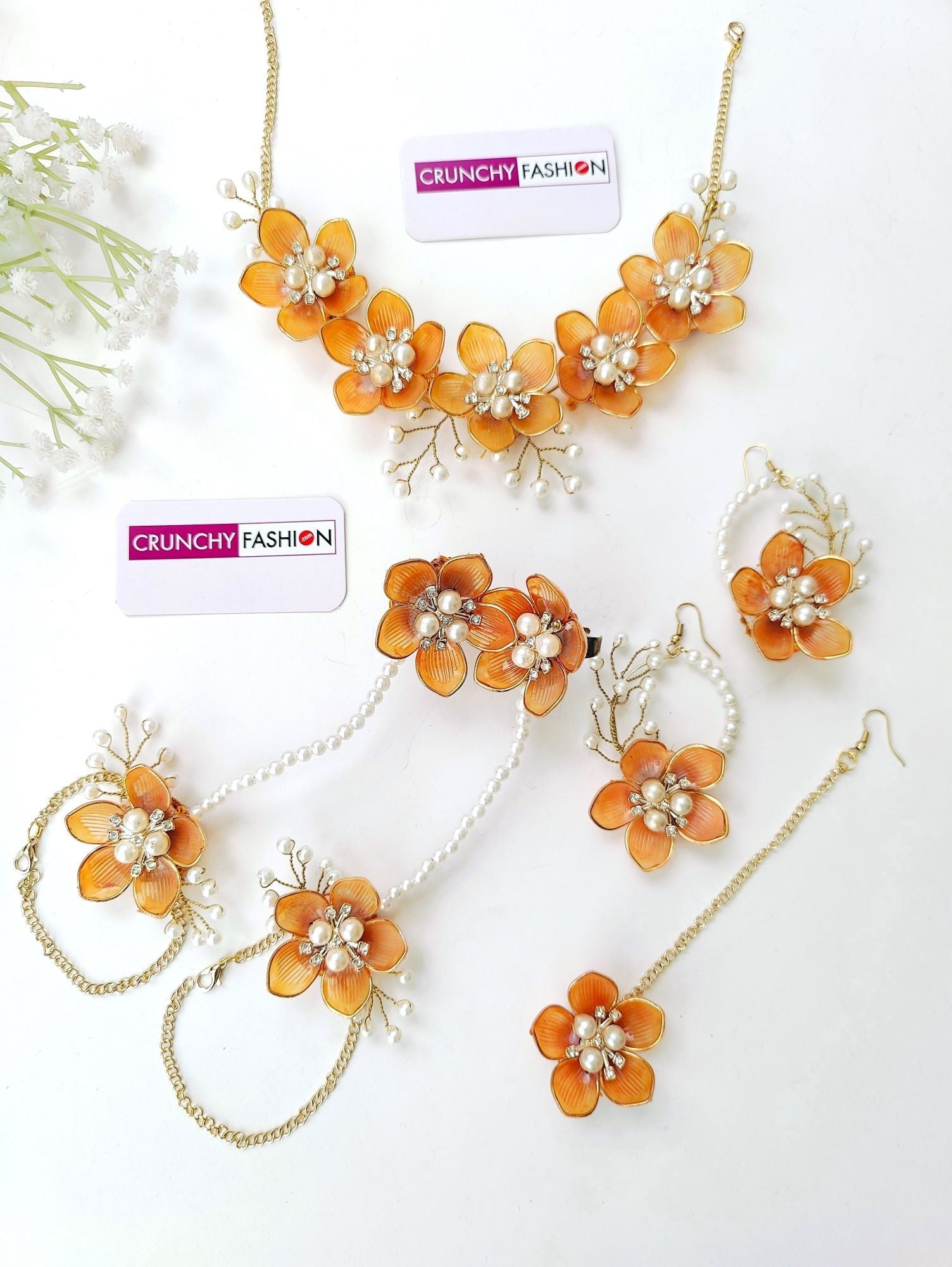 Handmade rusted orange floral Acrylic jewellery set with gold plating, ideal for haldi-mehndi occasions for brides