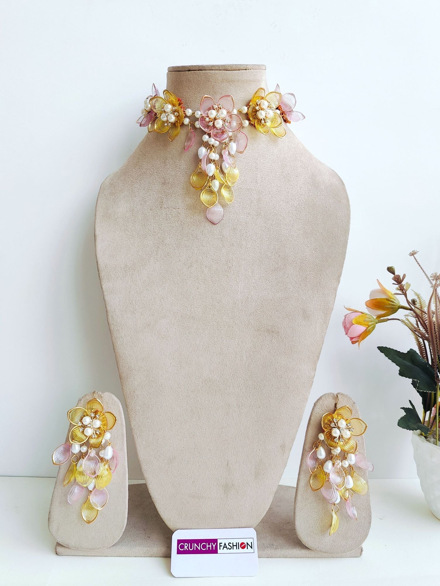 Handmade designer resin carnival jewellery set for brides in yellow-pink floral theme with gold plating for haldi-mehndi