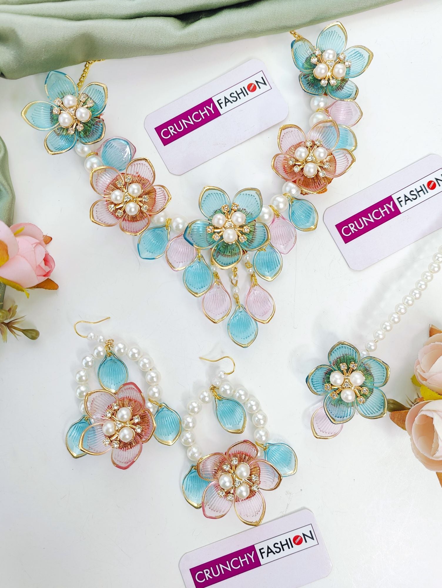 Sky-blue and pink floral, resin and beaded bridal jewellery set, ideal for haldi and mehndi ceremonies