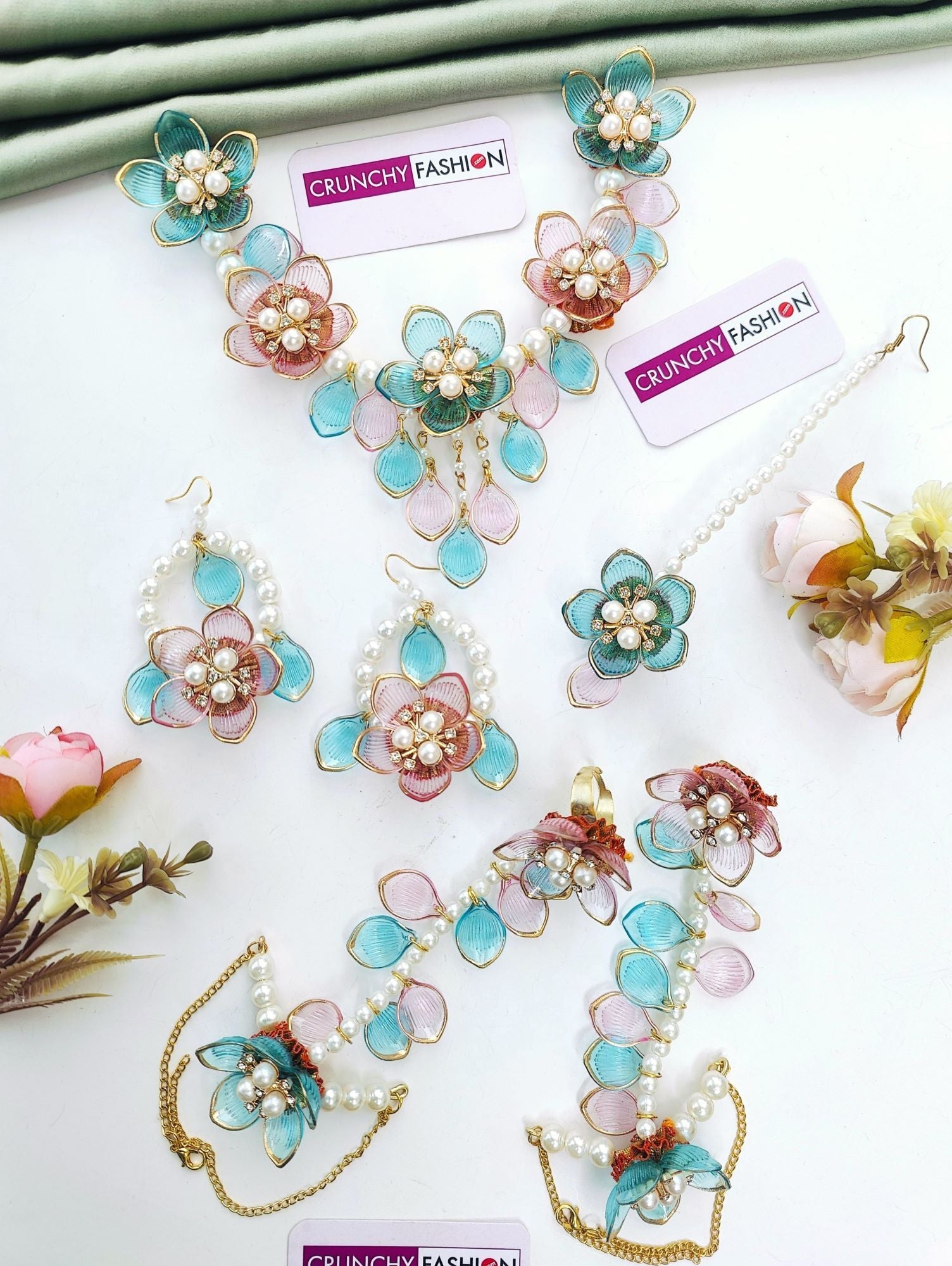 Sky-blue and pink floral, resin and beaded bridal jewellery set, ideal for haldi and mehndi ceremonies