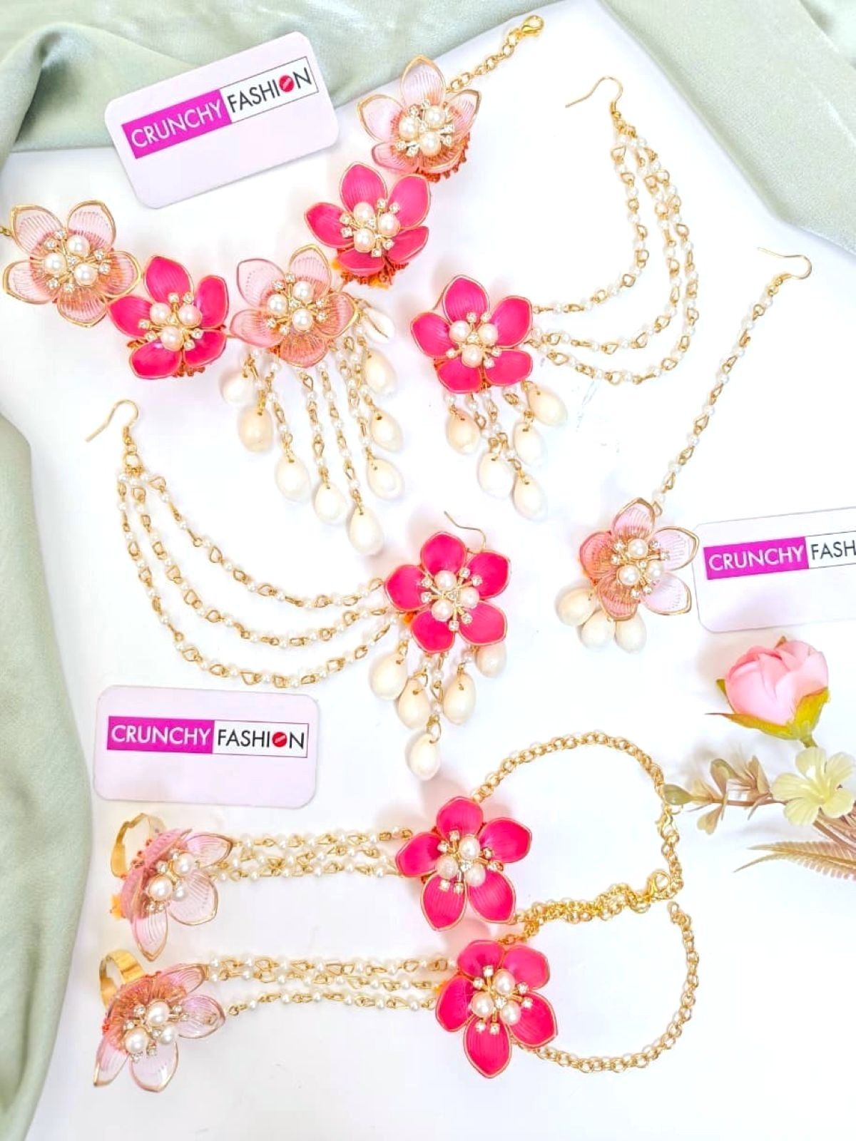 Handmade pink floral resin bridal jewellery set, ideal for haldi and mehndi ceremonies