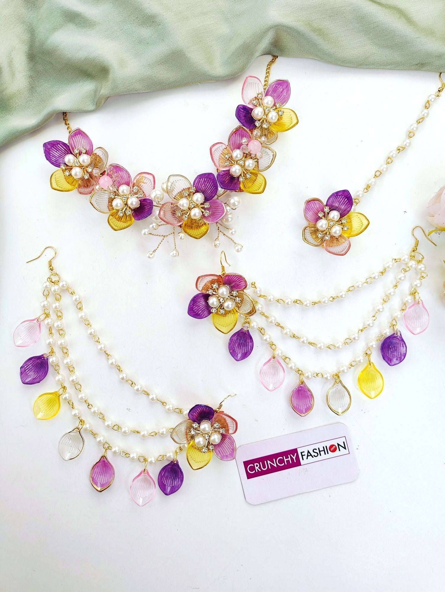 Handmade yellow, green, pink & lavender resin floral jewelry set for brides, gold-plated, ideal for haldi | mehndi.