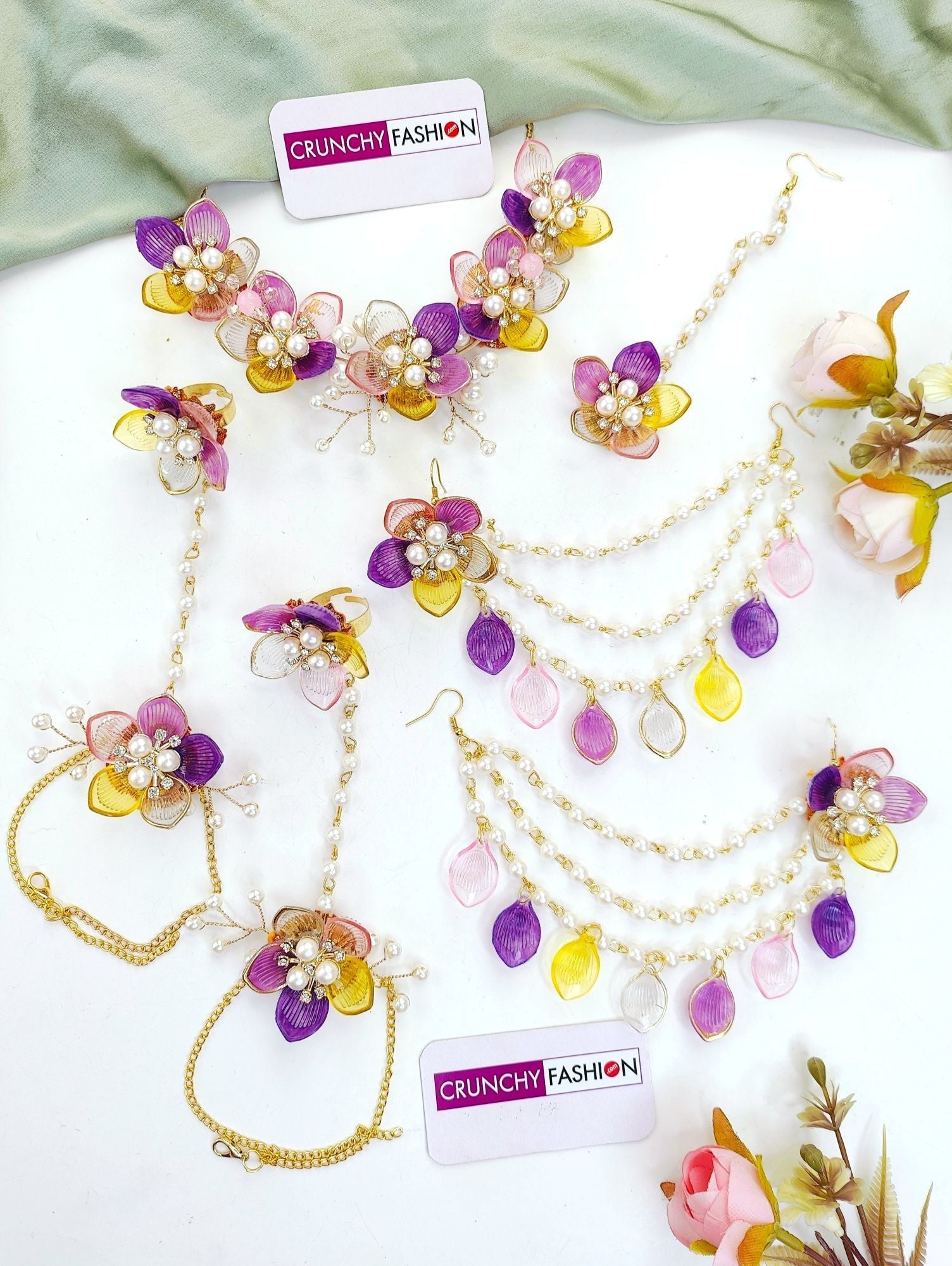Handmade yellow, green, pink & lavender resin floral jewelry set for brides, gold-plated, ideal for haldi | mehndi.