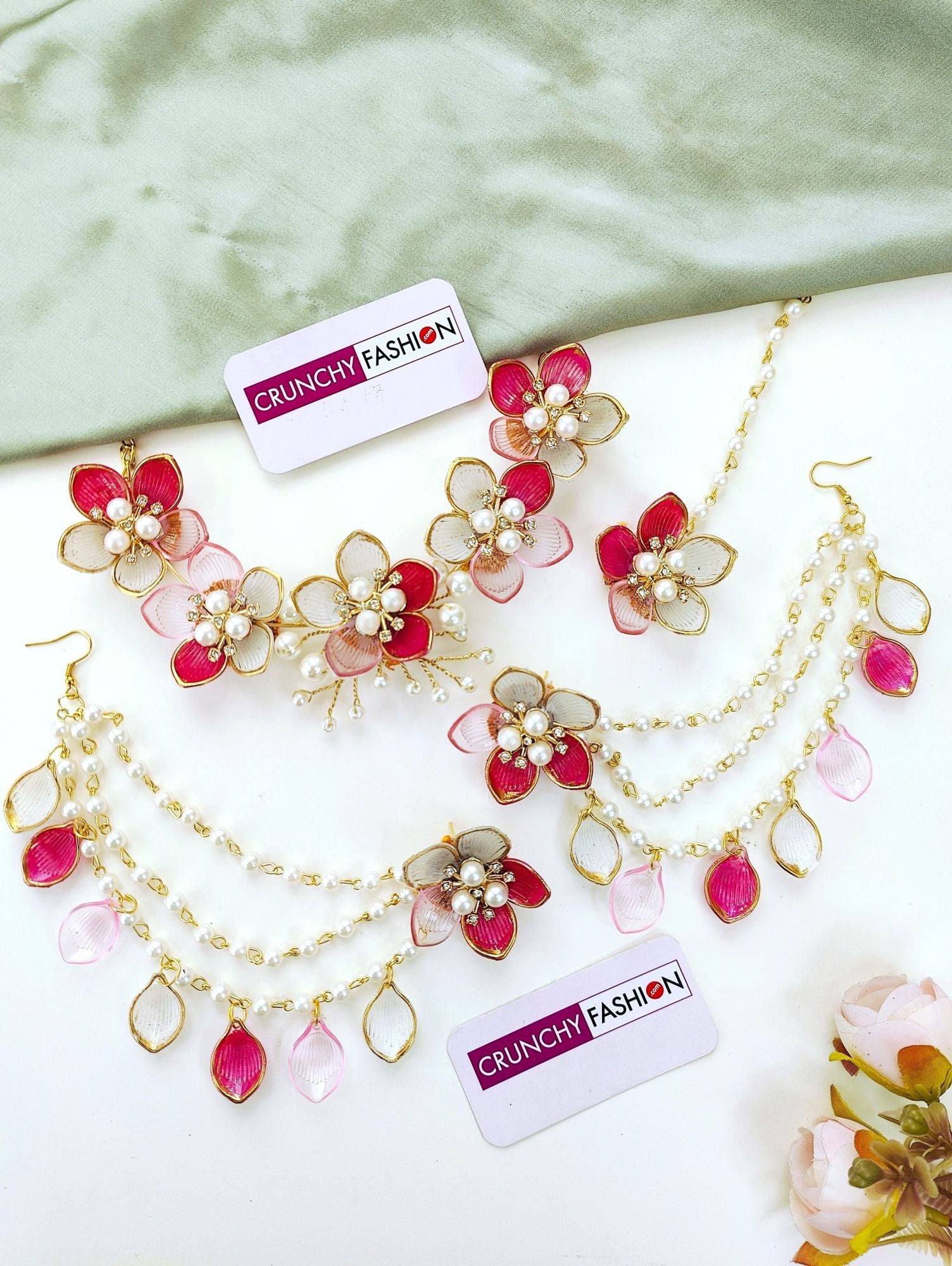 Handcrafted green-pink floral resin bridal jewellery set with gold plating, ideal for haldi-mehndi ceremonies in 2025