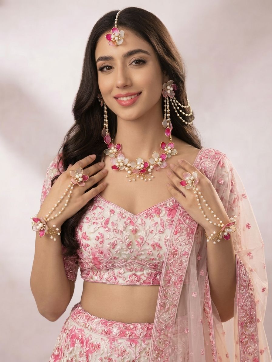 Pink Floral Handmade Carnival Jewellery Set