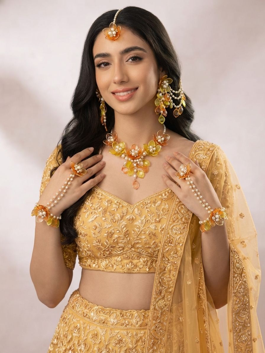 Yellow-Orange Acrylic Floral Haldi Mehndi Jewelry Set
