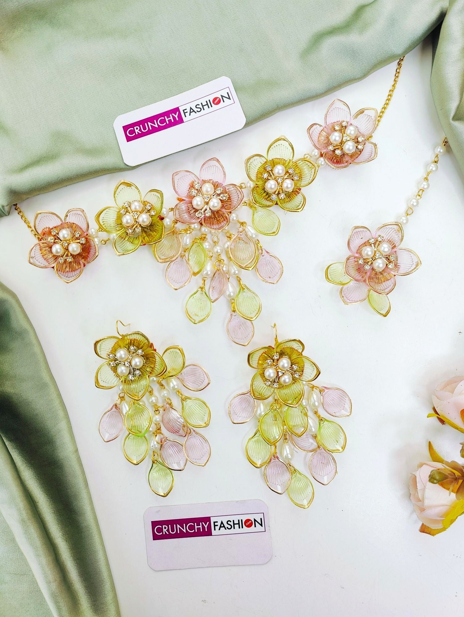 Handmade Green-Pink Floral Resin Jewellery Set for Brides, Ideal for Wedding, Haldi or Mehndi Occasions