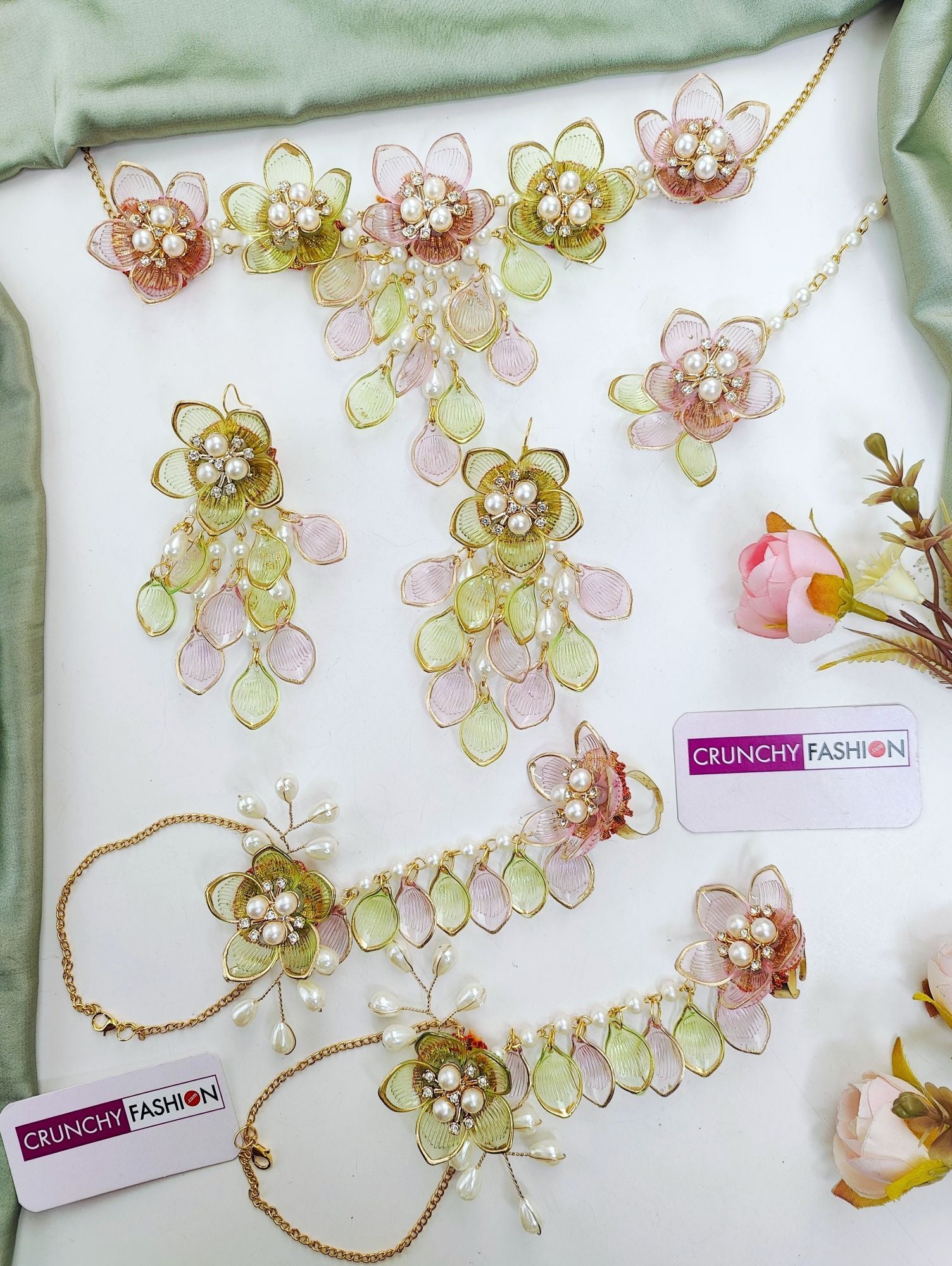 Handmade Green-Pink Floral Resin Jewellery Set for Brides, Ideal for Wedding, Haldi or Mehndi Occasions