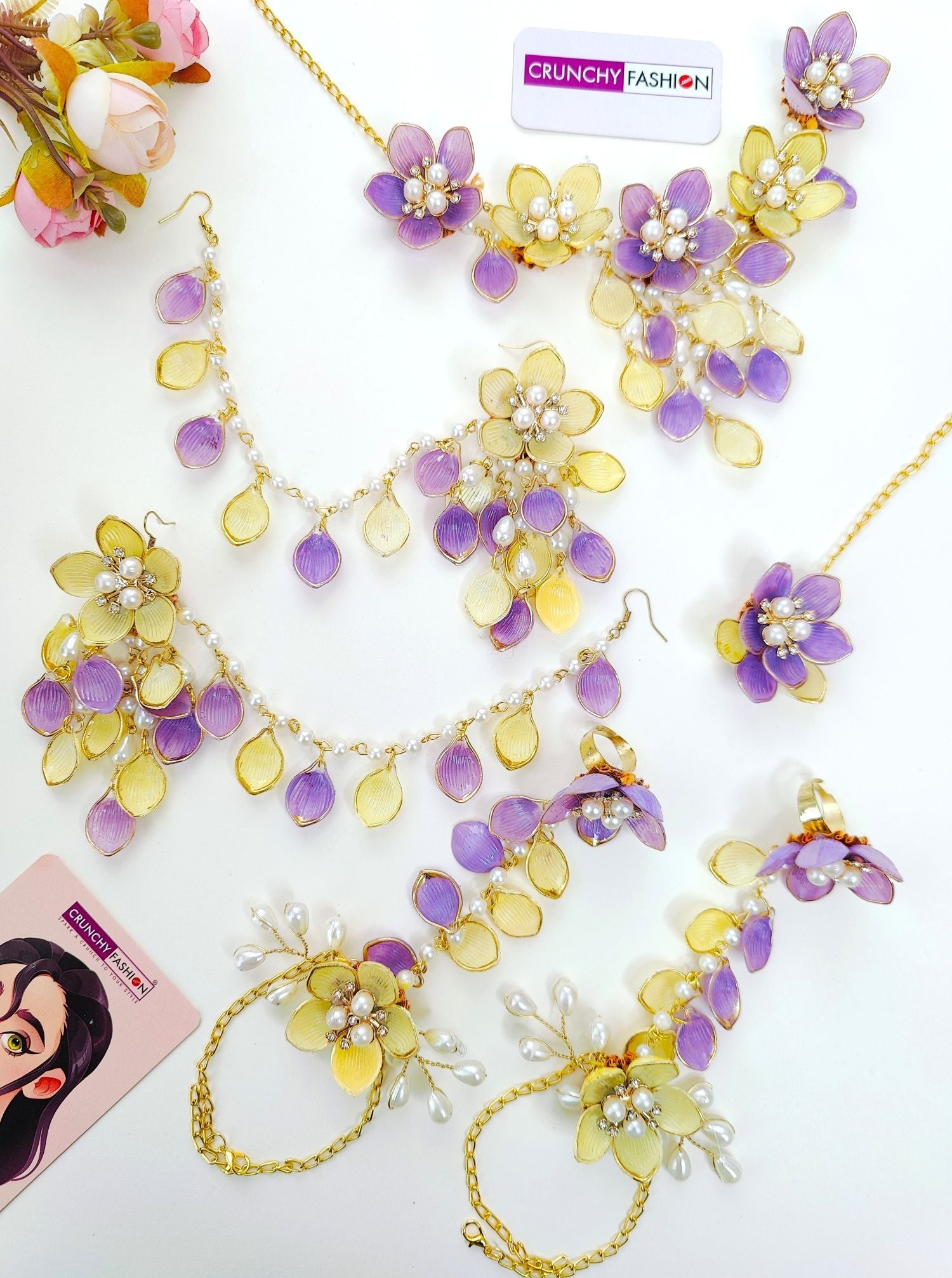 Handmade Designer Lavender-Yellow Carnival Resin Jewellery set, ideal for haldi-mehndi ceremonies and weddings