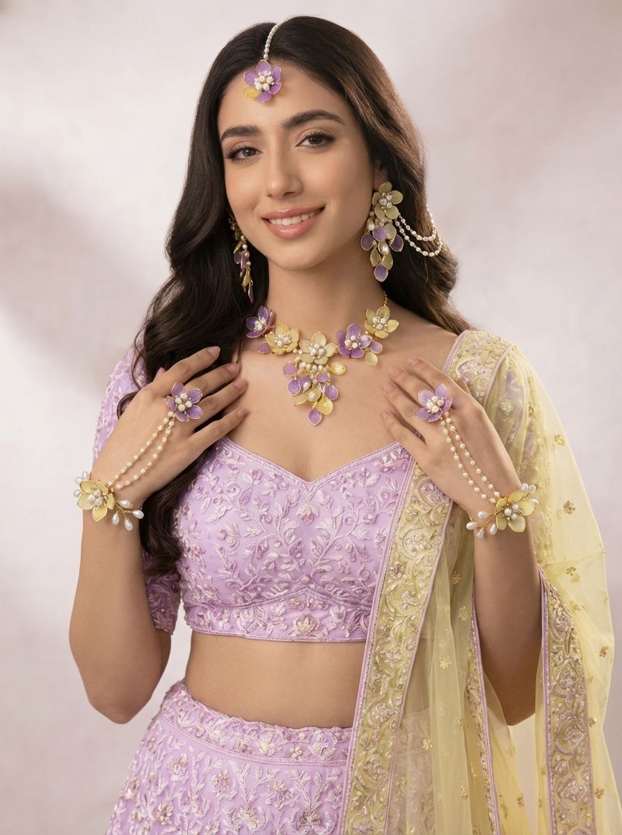 Lavender-Pastel Yellow Acrylic Floral Jewelry Set for Haldi-Mehndi