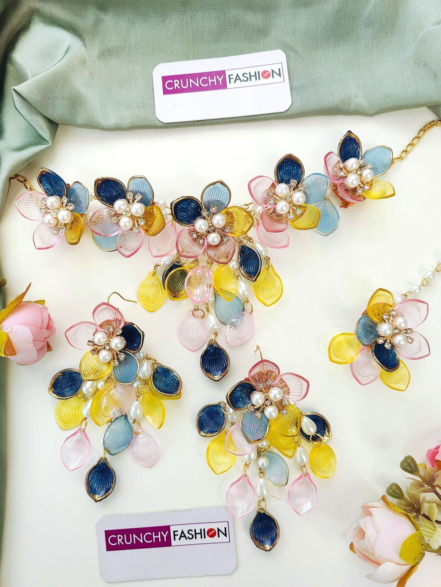 Handmade resin, beaded floral jewelry for brides in blue, yellow, green, pink, Blue. Perfect for haldi, mehndi.