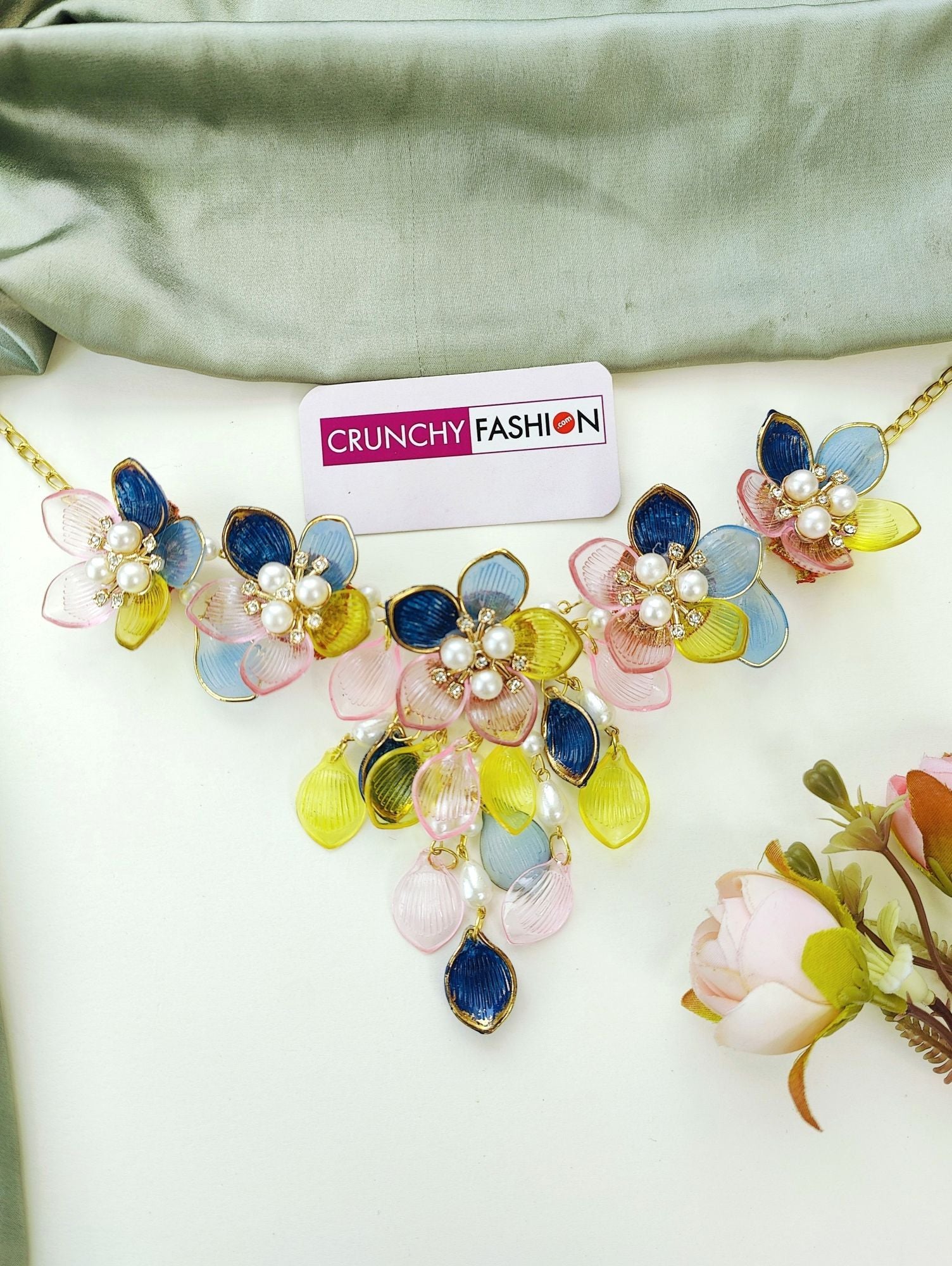 Handmade resin, beaded floral jewelry for brides in blue, yellow, green, pink, Blue. Perfect for haldi, mehndi.