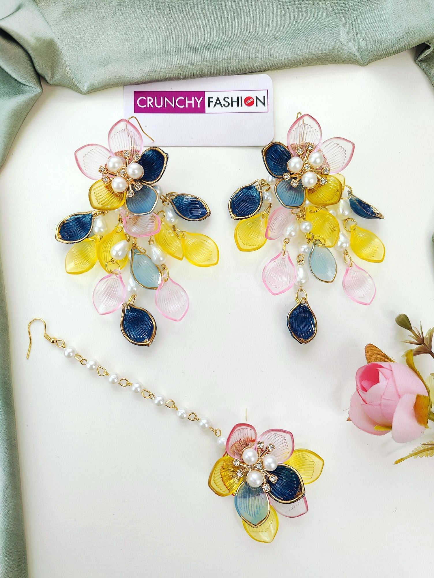 Handmade resin, beaded floral jewelry for brides in blue, yellow, green, pink, Blue. Perfect for haldi, mehndi.
