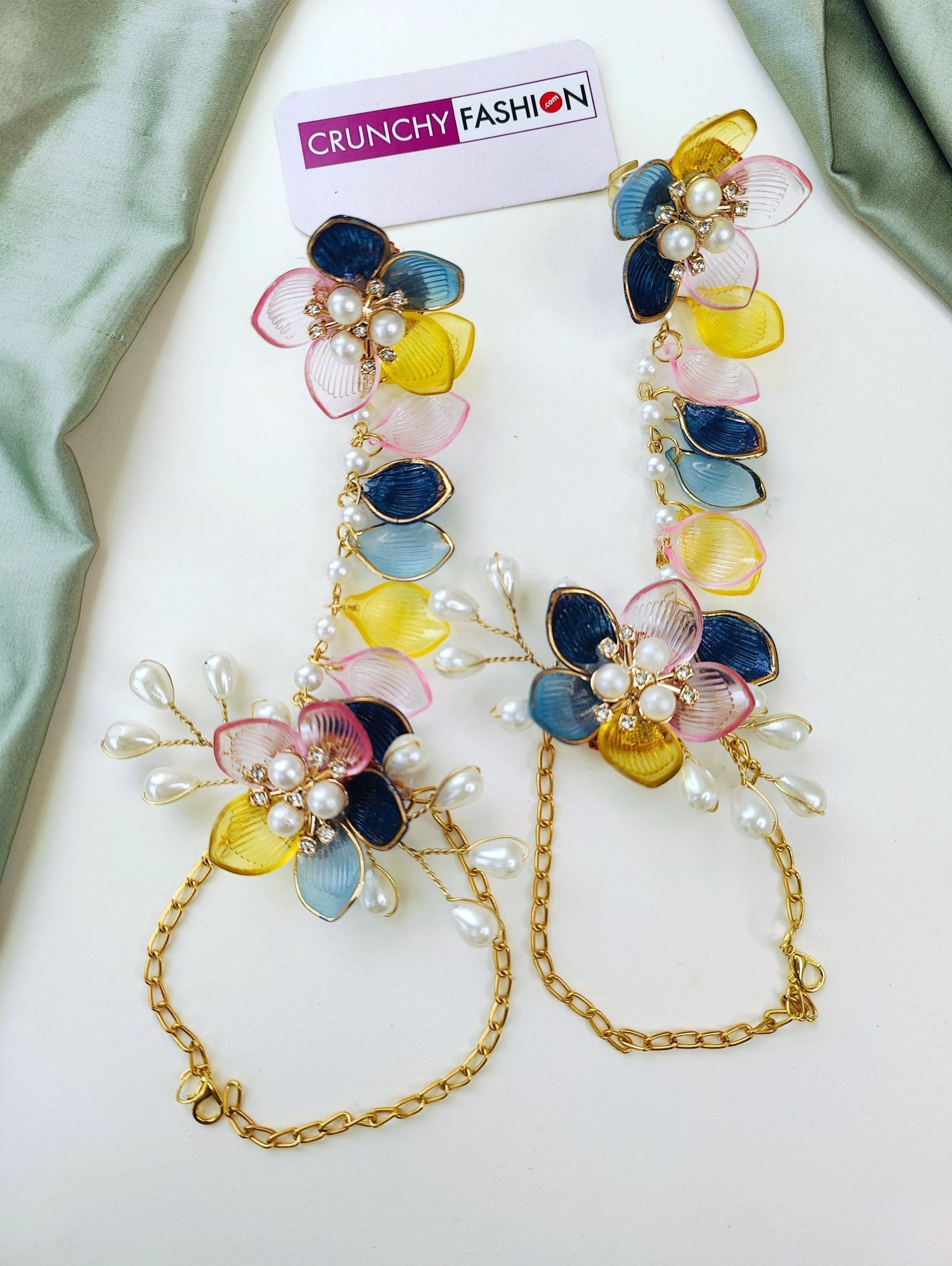 Handmade resin, beaded floral jewelry for brides in blue, yellow, green, pink, Blue. Perfect for haldi, mehndi.