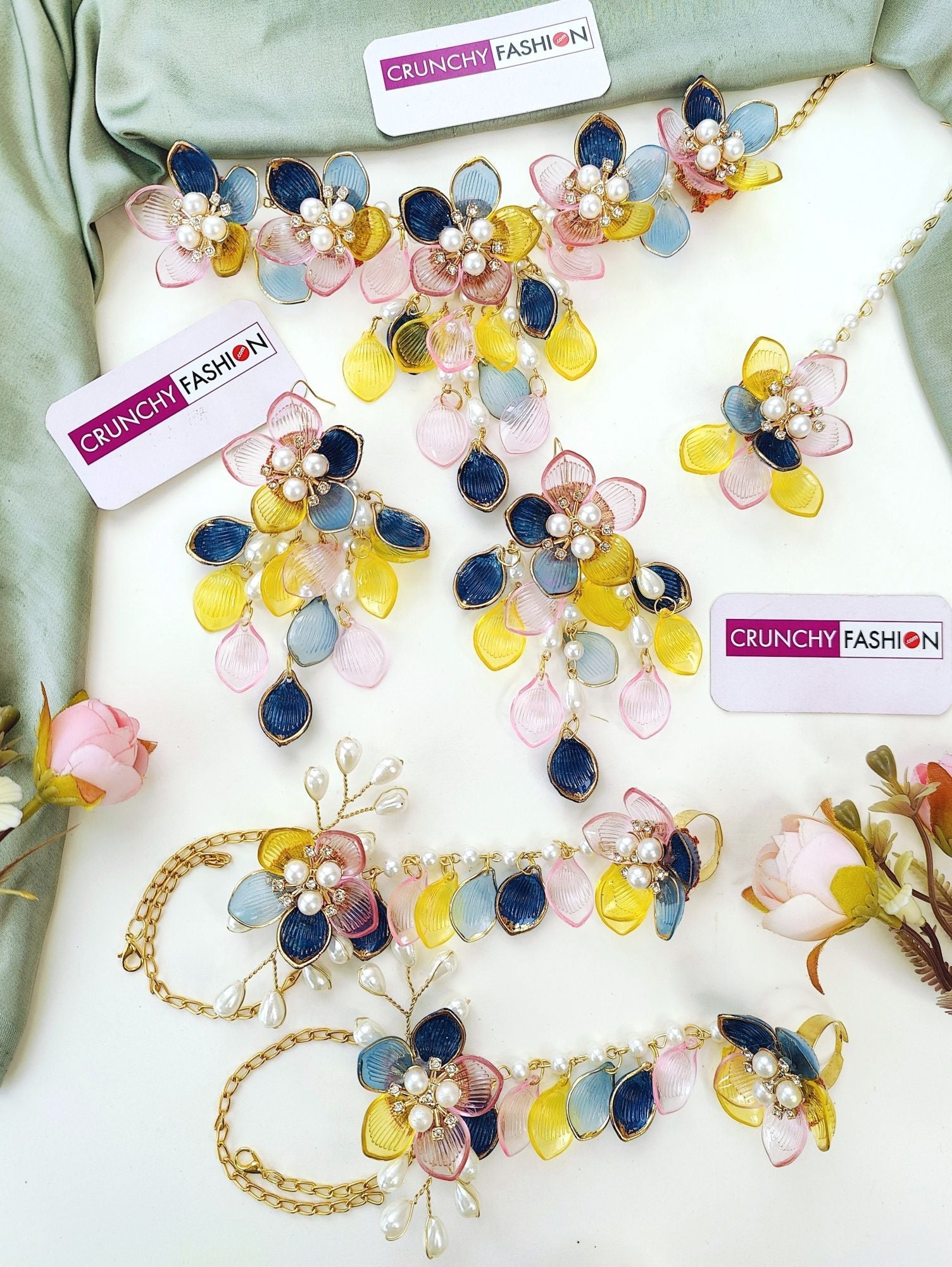 Handmade resin, beaded floral jewelry for brides in blue, yellow, green, pink, Blue. Perfect for haldi, mehndi.
