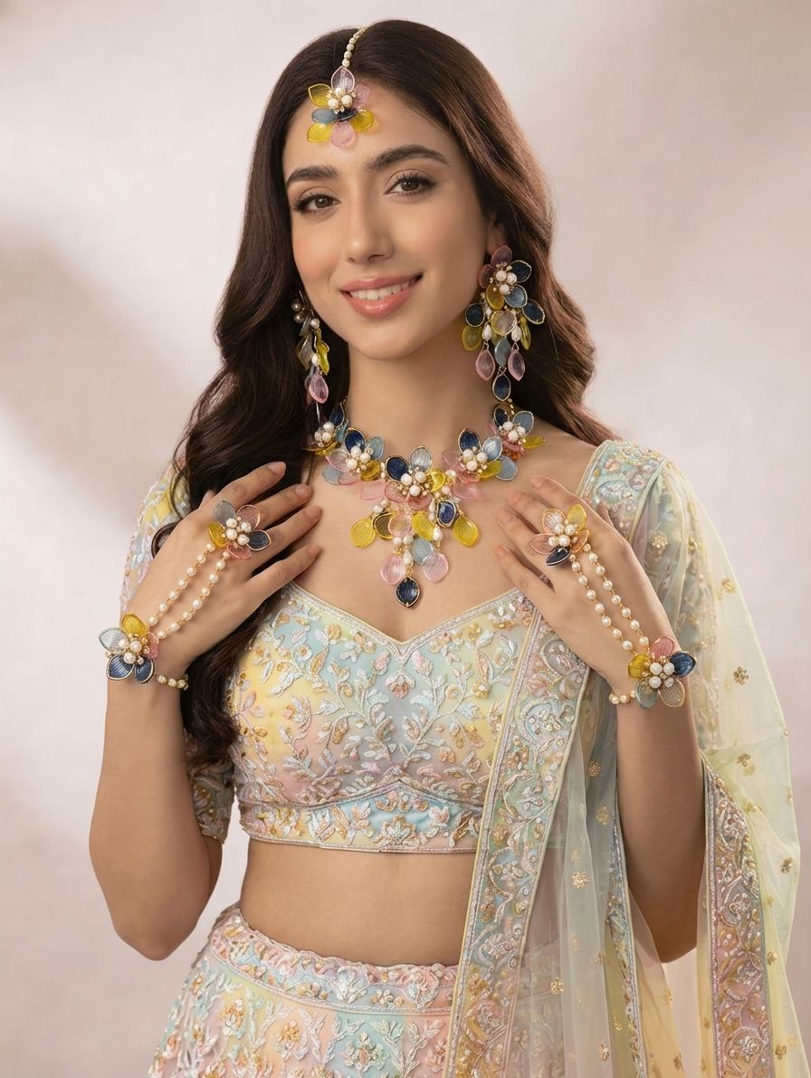 Blue-Yellow-Pink Acrylic Jewellery Set for Haldi-Mehndi