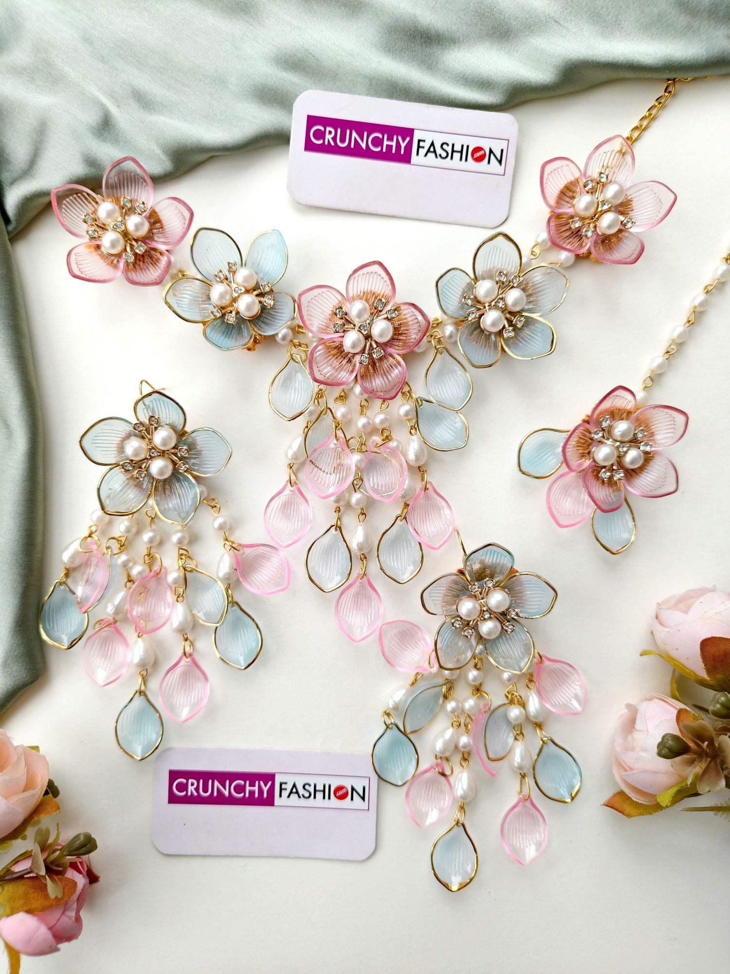 Powder Blue Resin Floral Jewellery Set with Baby Pink Accents, Gold Plating for Women, Weddings | Haldi-Mehndi