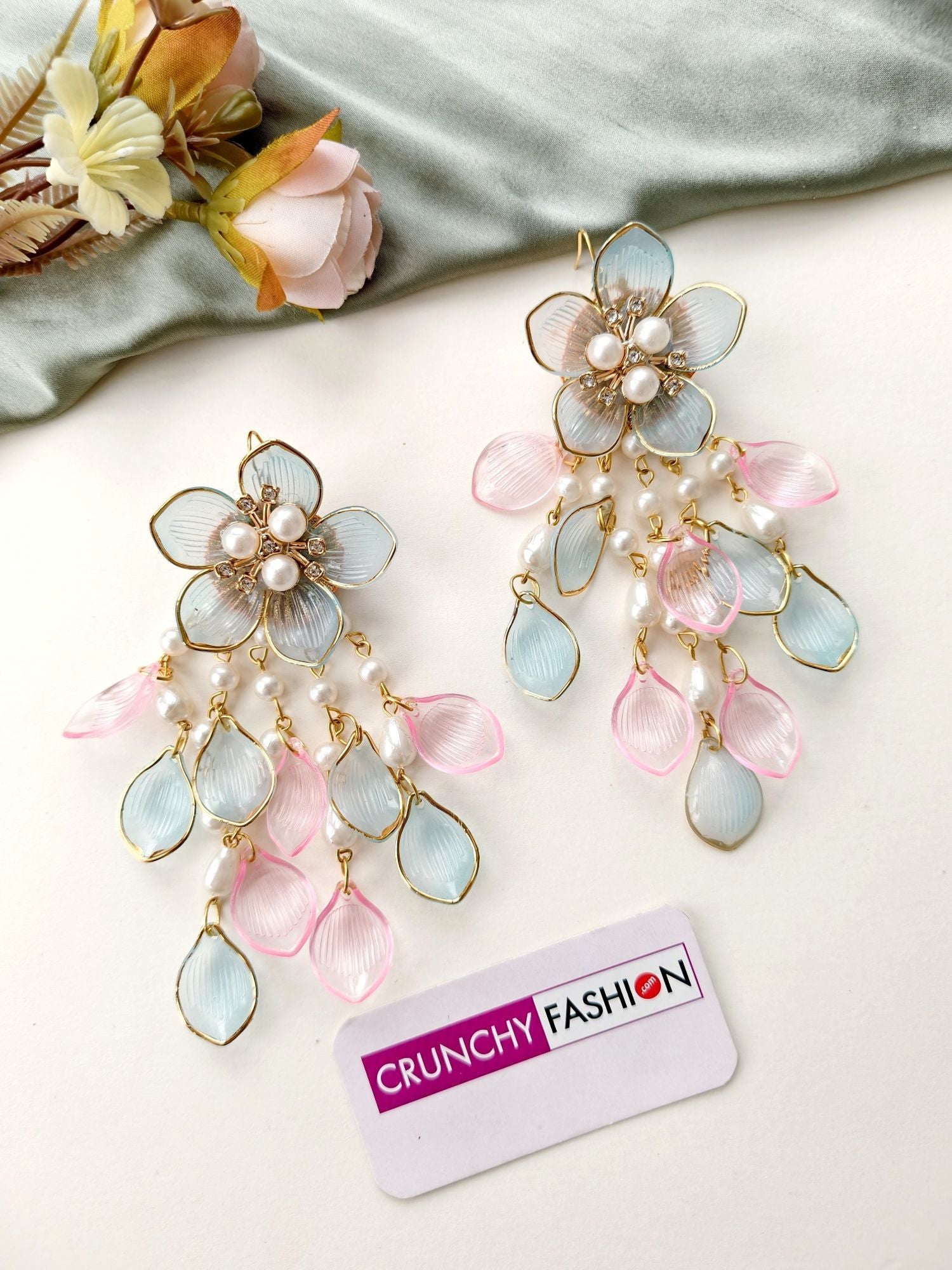 Powder Blue Resin Floral Jewellery Set with Baby Pink Accents, Gold Plating for Women, Weddings | Haldi-Mehndi