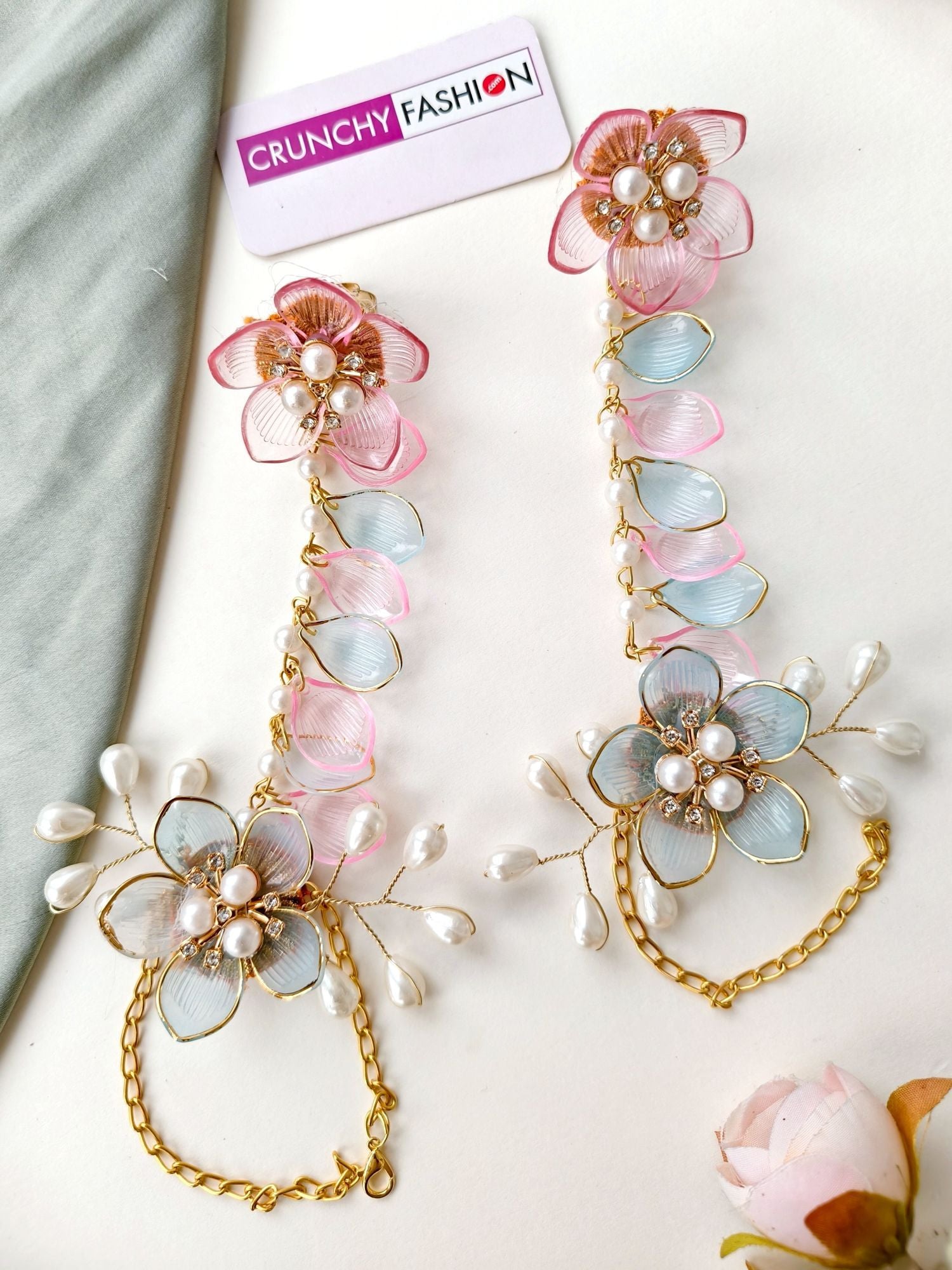 Powder Blue Resin Floral Jewellery Set with Baby Pink Accents, Gold Plating for Women, Weddings | Haldi-Mehndi