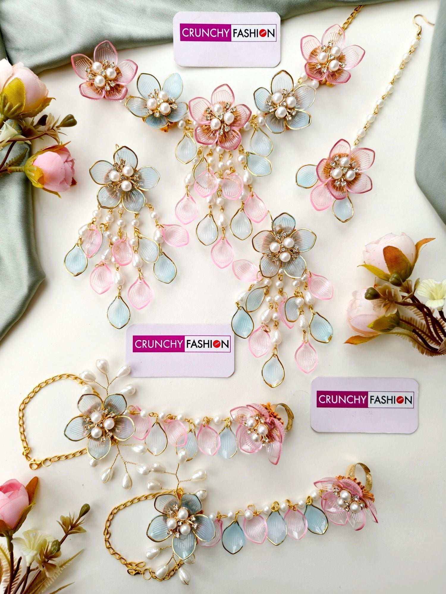 Powder Blue Resin Floral Jewellery Set with Baby Pink Accents, Gold Plating for Women, Weddings | Haldi-Mehndi