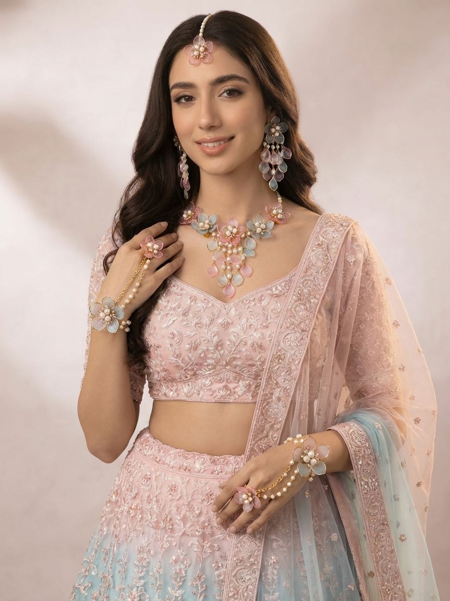 Powder Blue & Pink Floral Acrylic Jewellery for Haldi-Mehendi