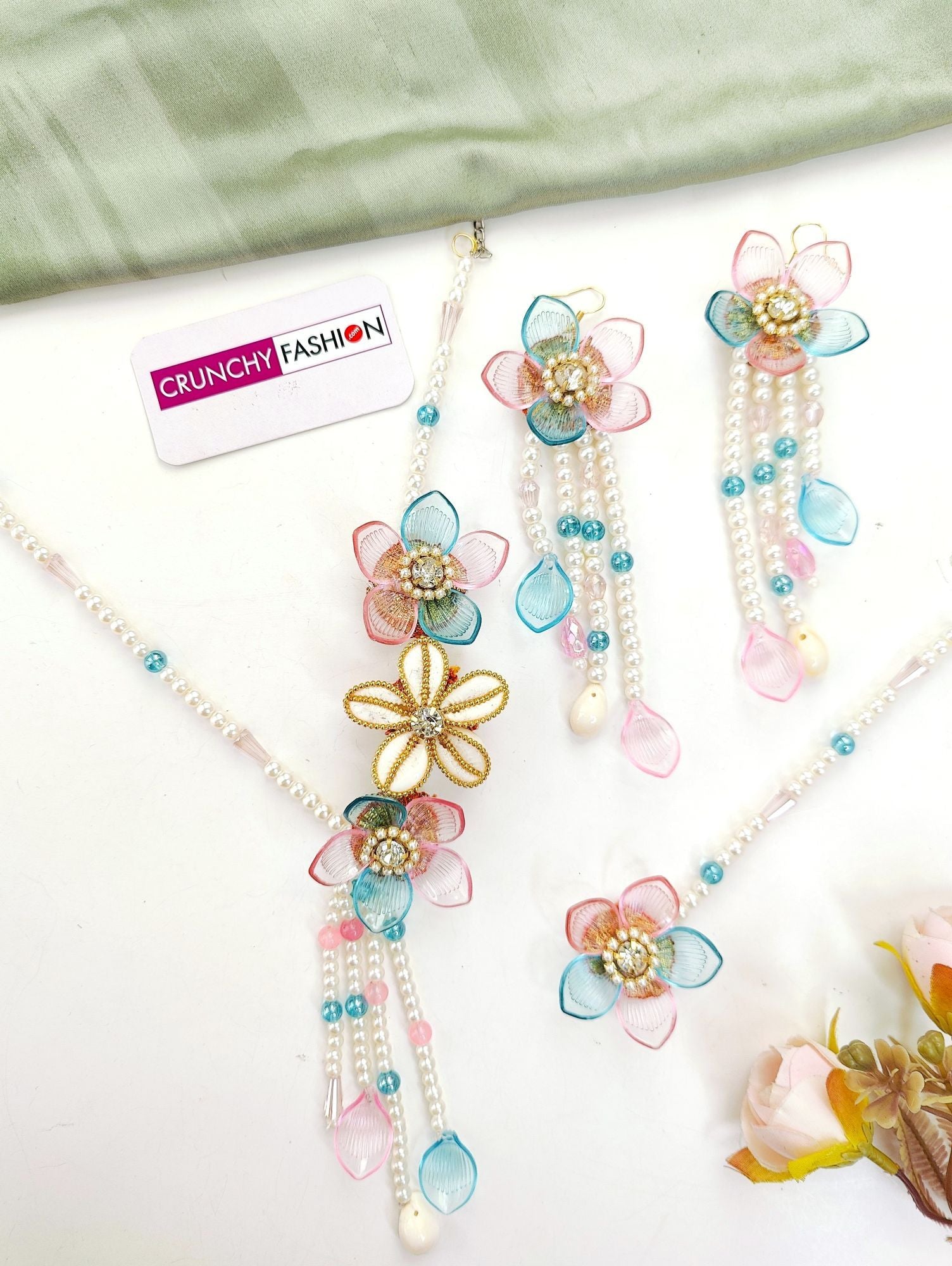 Sky-blue, yellow-orange floral bridal jewellery set, handmade from resin and beaded material, for haldi-mehndi events