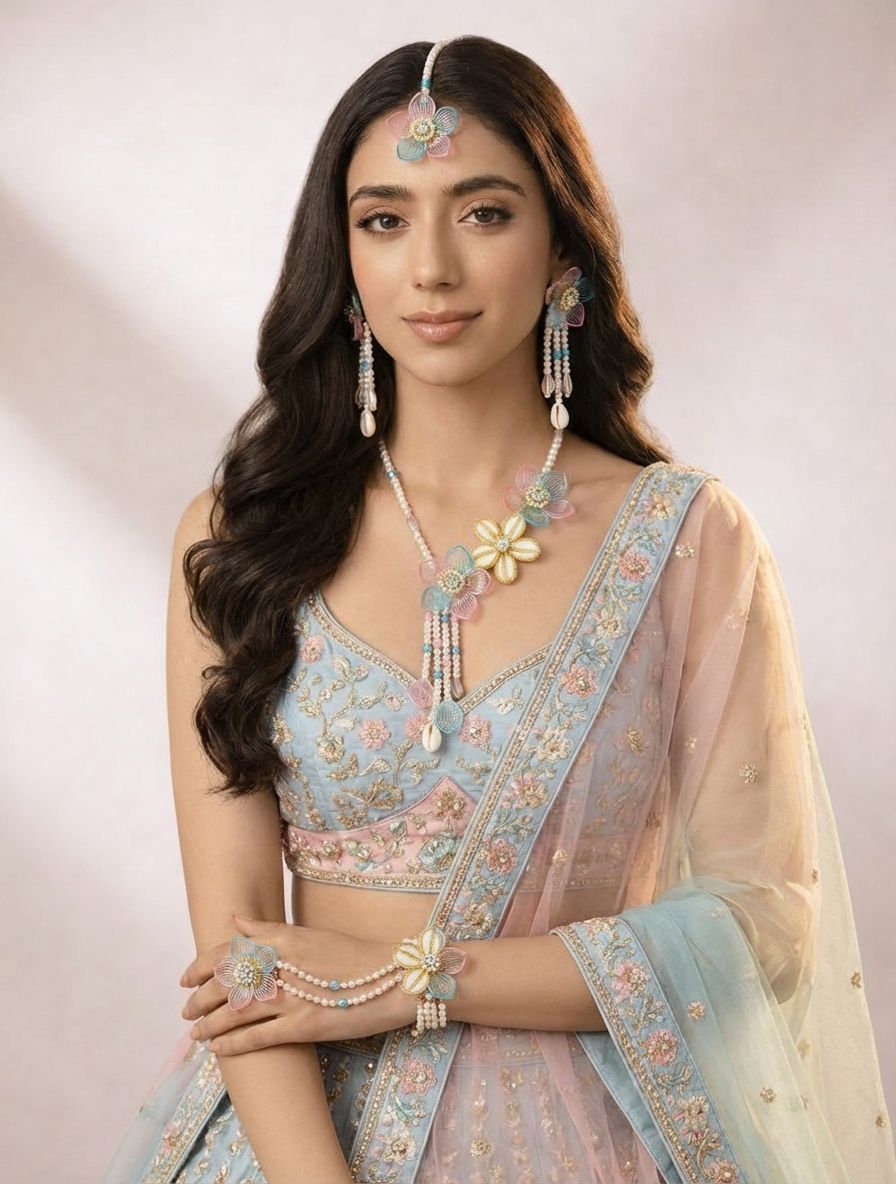 Pastel Pink-Sky-Blue Acrylic Floral Sea Shell Haldi-Mehndi Jewelry Set