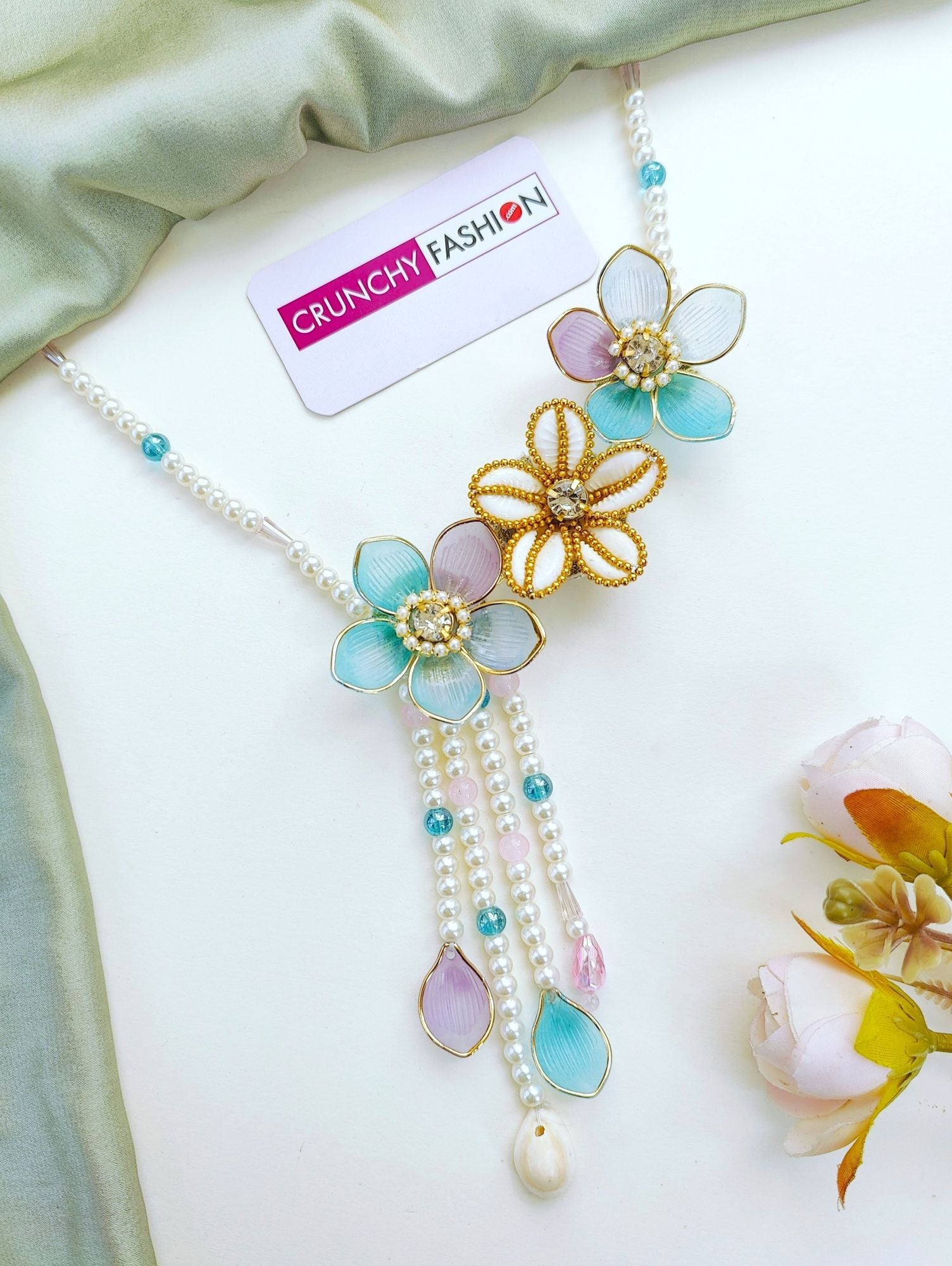 Powder blue bridal jewelry set with floral accents for haldi | mehndi, crafted from resin, beads, gold plating.