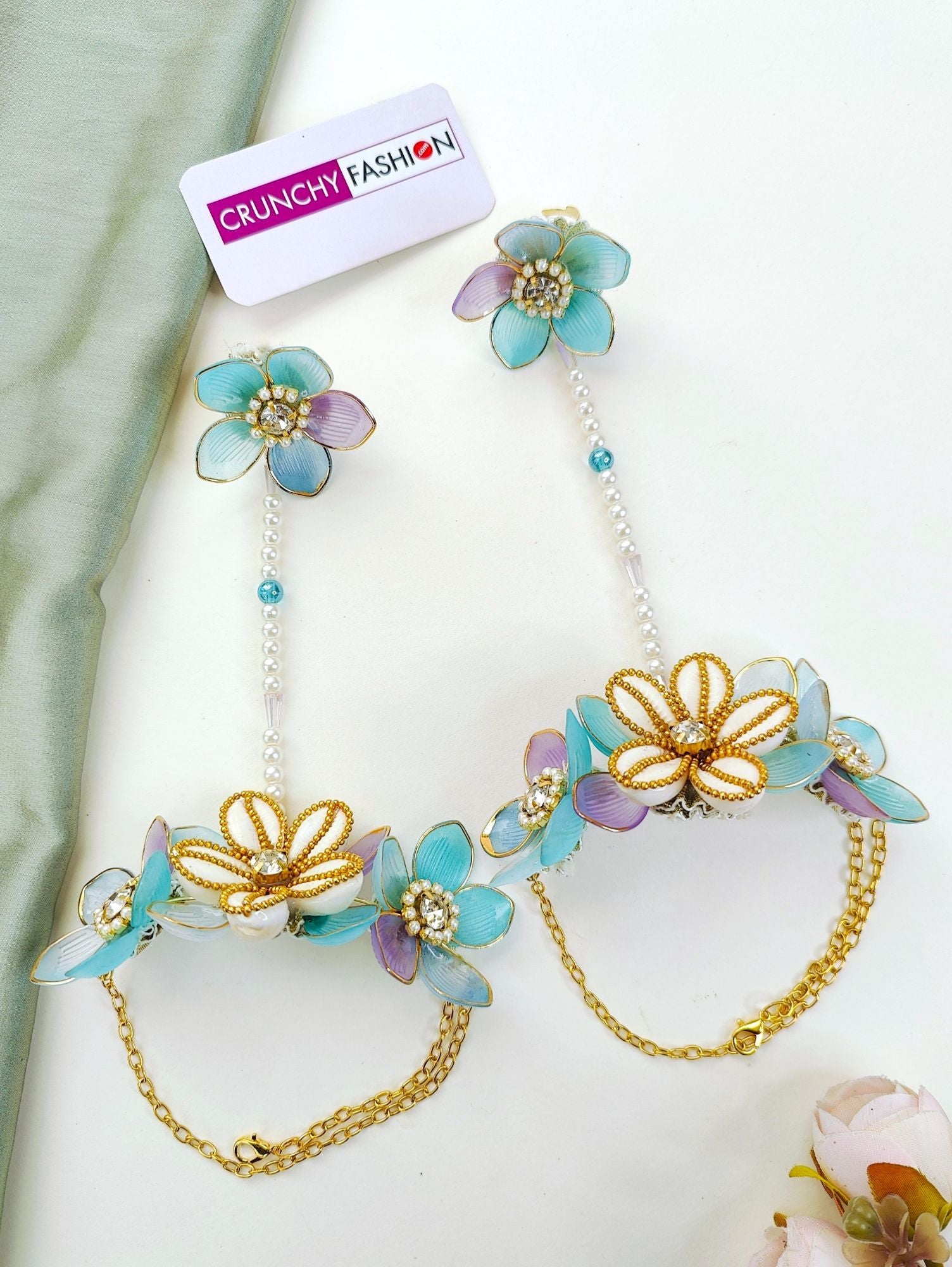 Powder blue bridal jewelry set with floral accents for haldi | mehndi, crafted from resin, beads, gold plating.