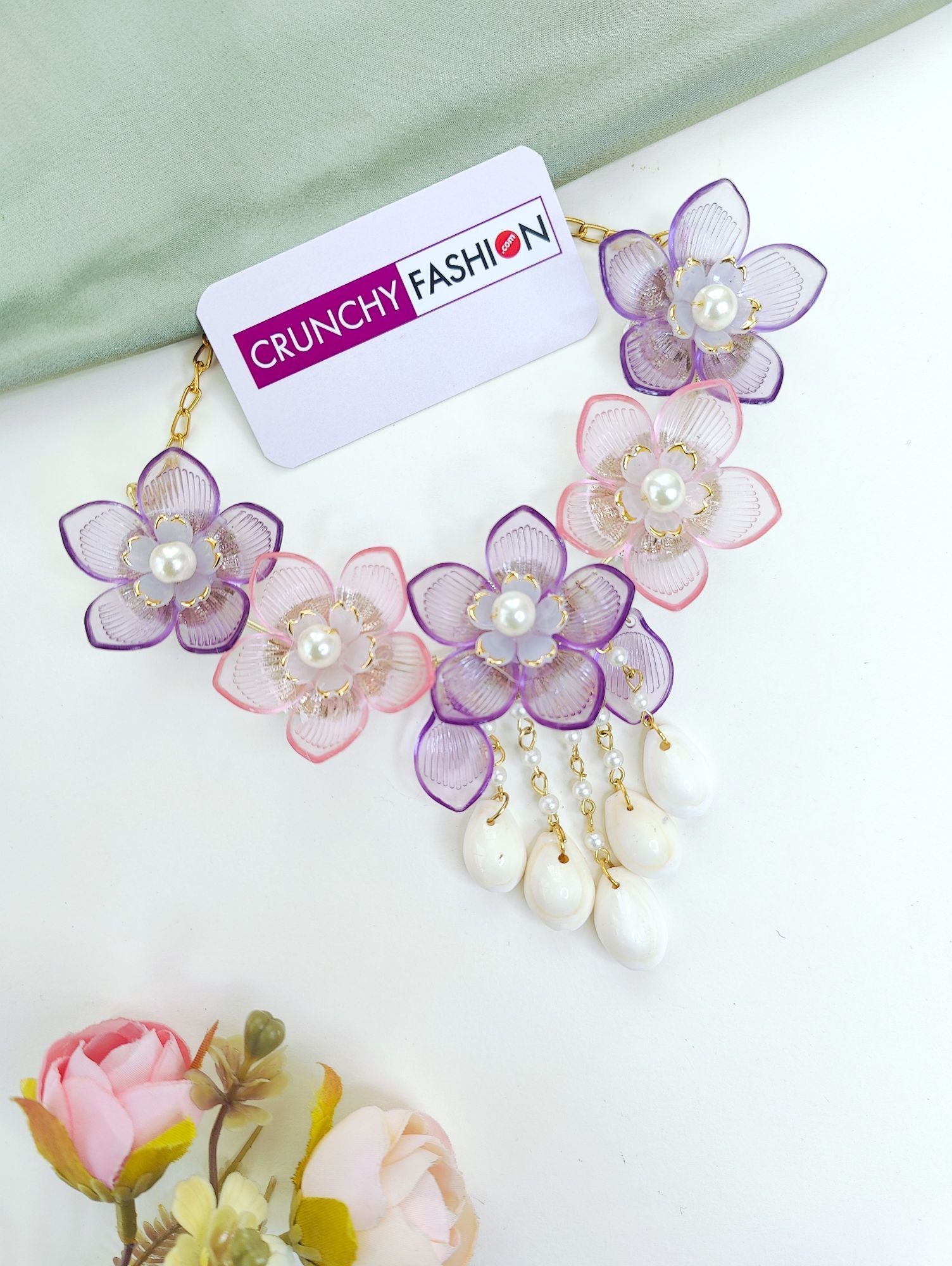Lavender-Pink acrylic floral jewellery set with gold plating, ideal for haldi and mehndi occasions for women, 2025 collection