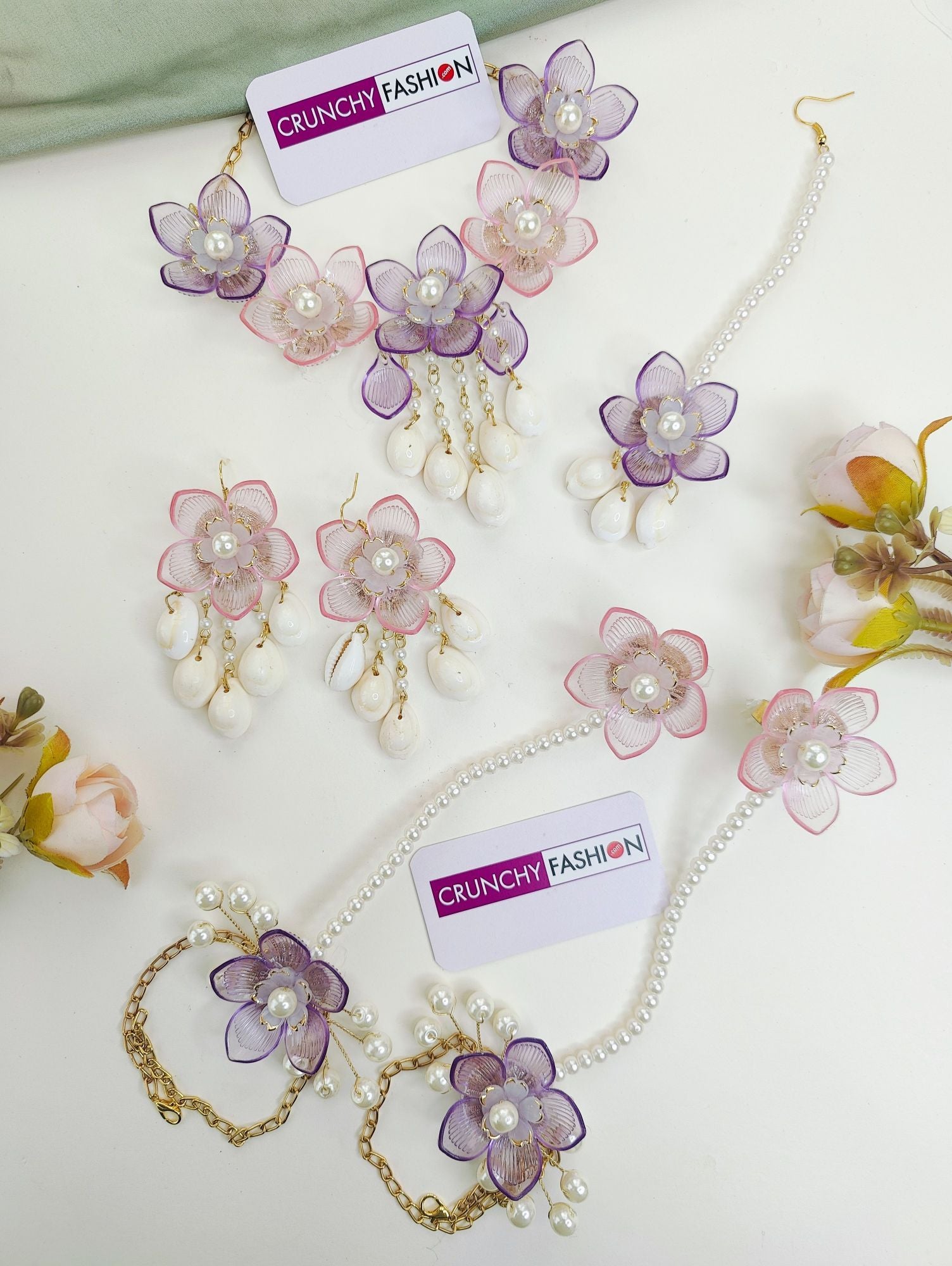 Lavender-Pink acrylic floral jewellery set with gold plating, ideal for haldi and mehndi occasions for women, 2025 collection